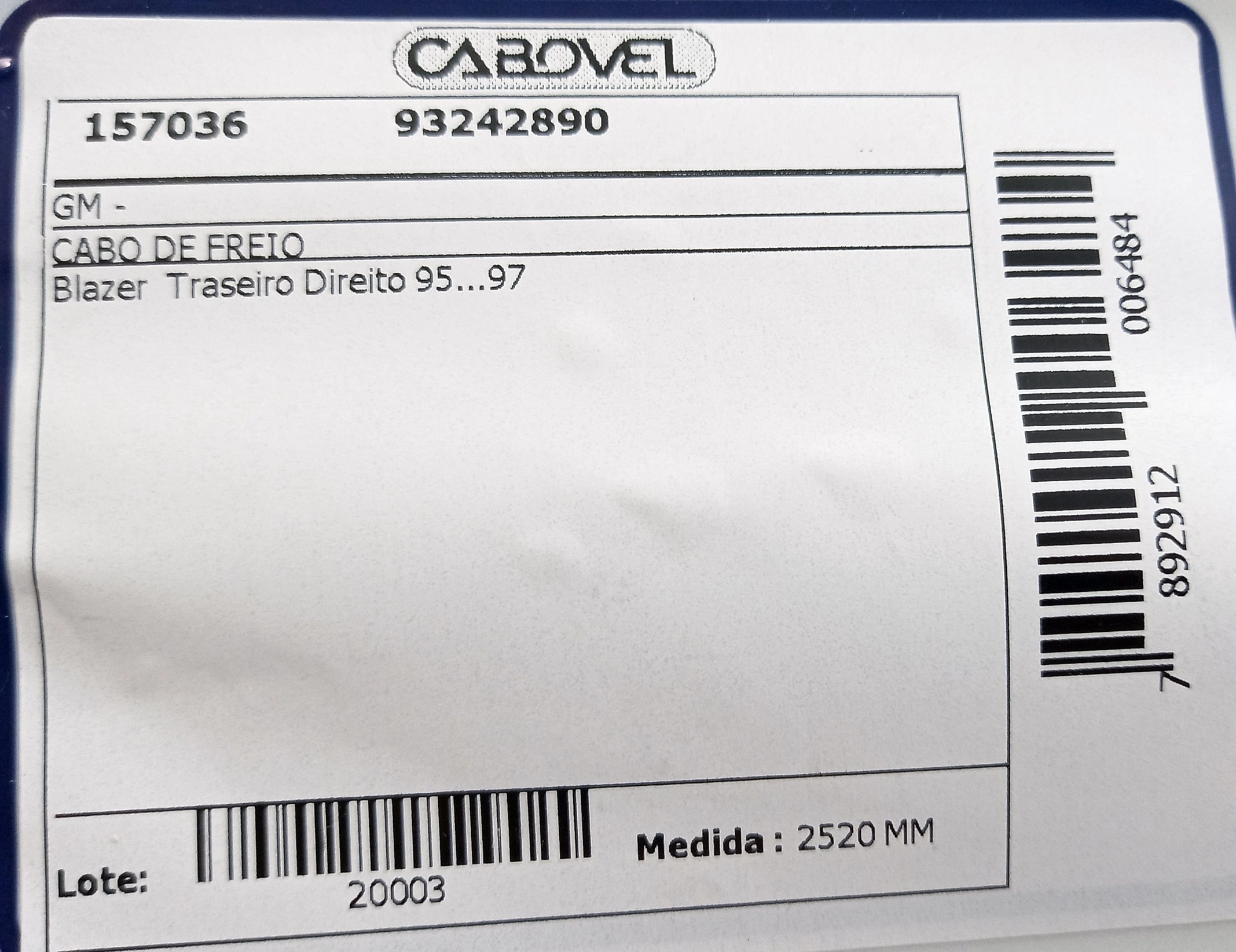 CABO FREIO TRASEIRO LADO DIREITO 2520MM GM BLAZER 1995/1997