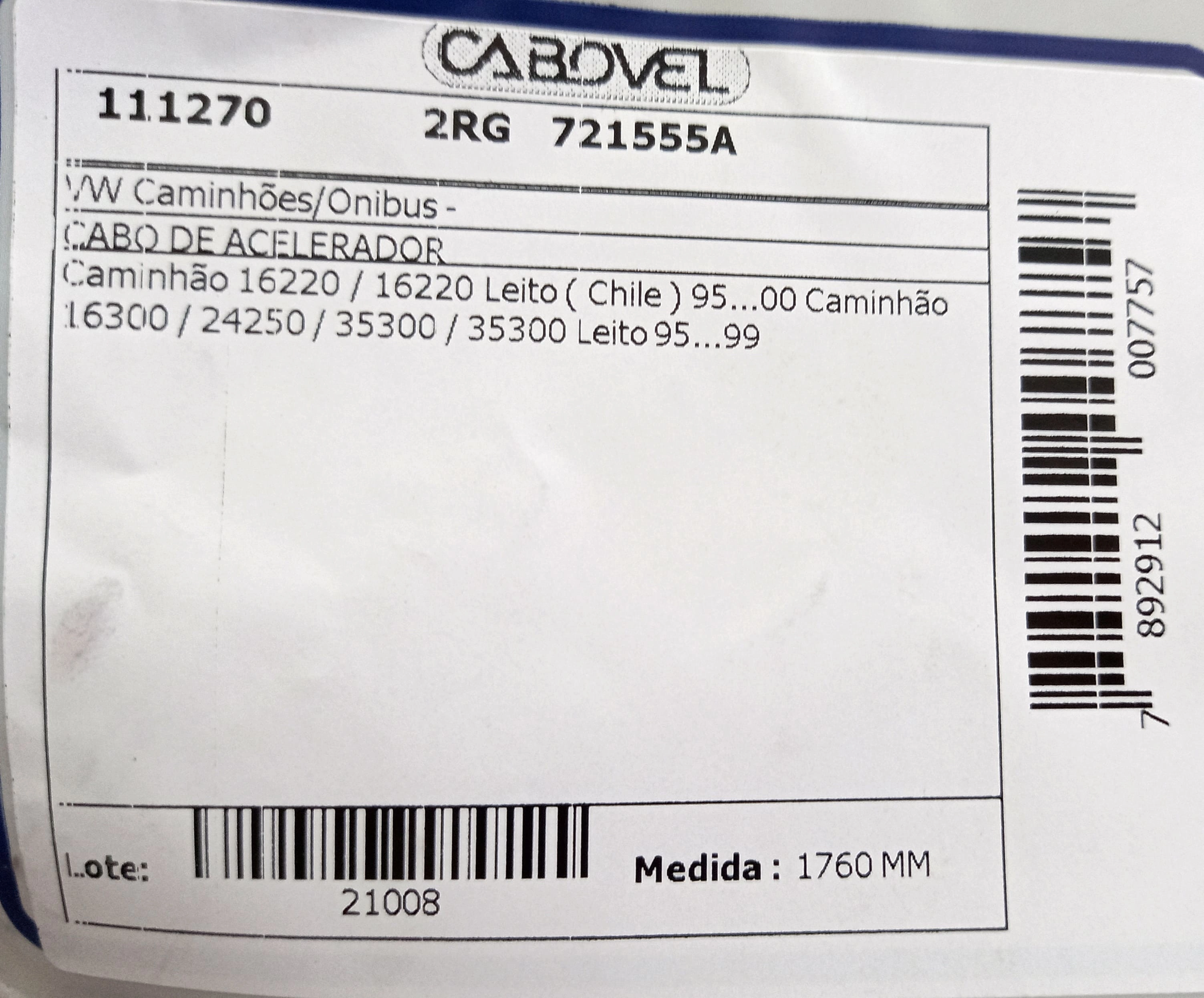 CABO ACELERADOR 1760MM VW 16.220/16.300/24.250/35.300/35.300 LEITO 95/00