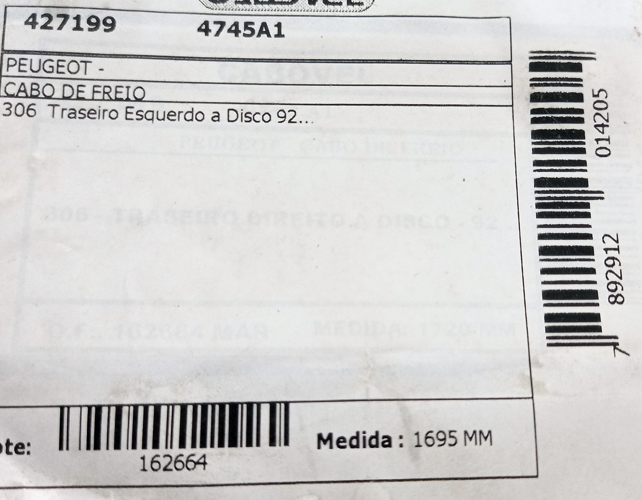 CABO FREIO TRASEIRO ESQUERDO PEUGEOT 306 1992/ - FREIO A DISCO - 1720MM