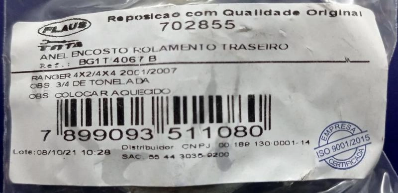 ANEL ENCOSTO ROLAMENTO SEMI EIXO TRASEIRO FORD RANGER 4X2/4X4 2001/2007 - INTERNO 35MM