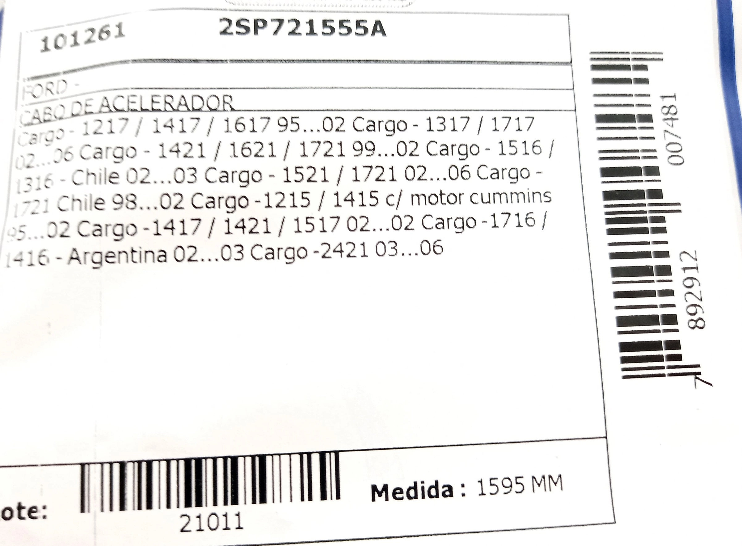 CABO ACELERADOR 1595MM FORD CARGO 1215/1415/1617/1215/1415 95/