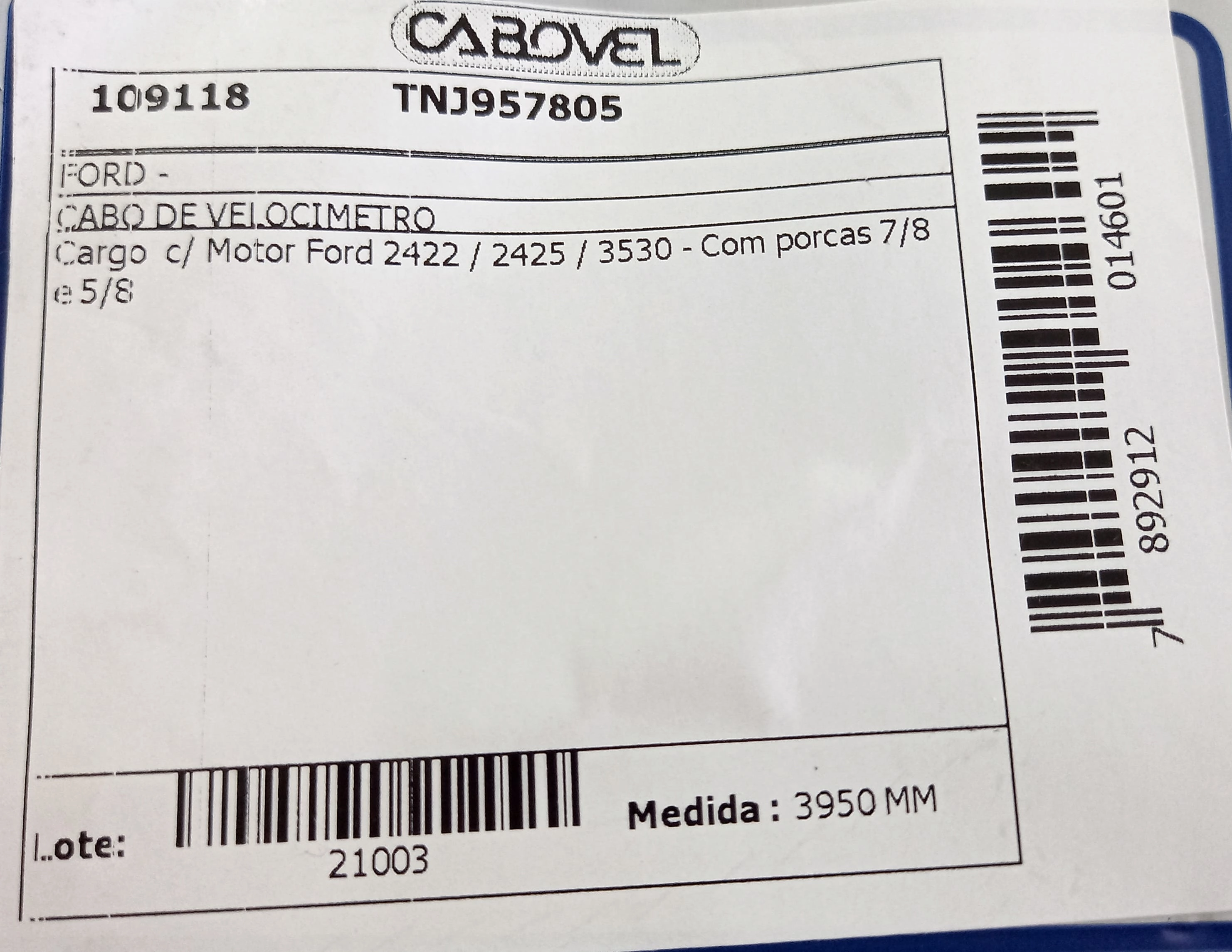 CABO VELOCÍMETRO 3950MM VELOCIMETRO FORD CARGO 2422/2425/3530 TODOS