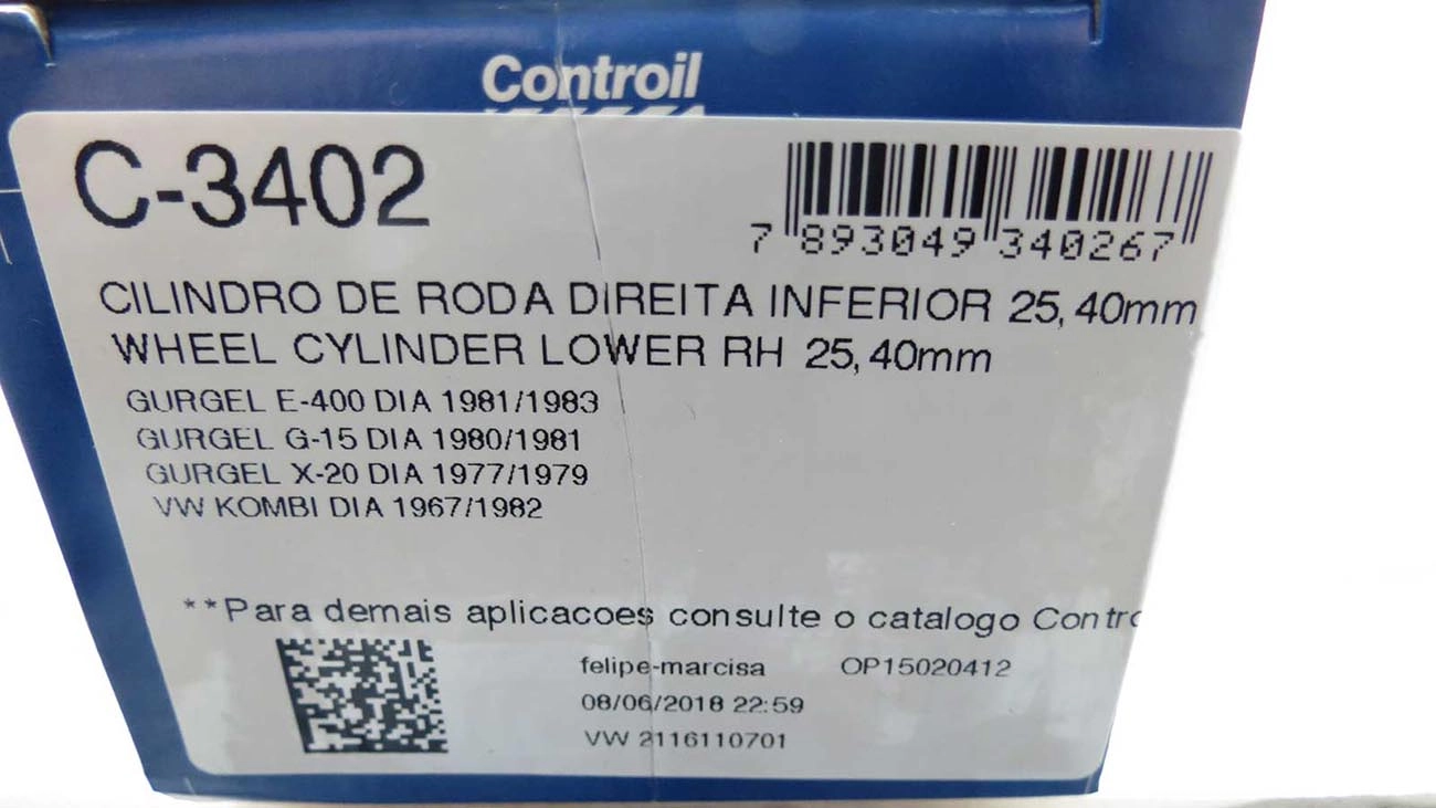 CILINDRO RODA DIANTEIRO INFERIOR LADO DIREITO DIANTEIRA VW KOMBI 67/82 1P