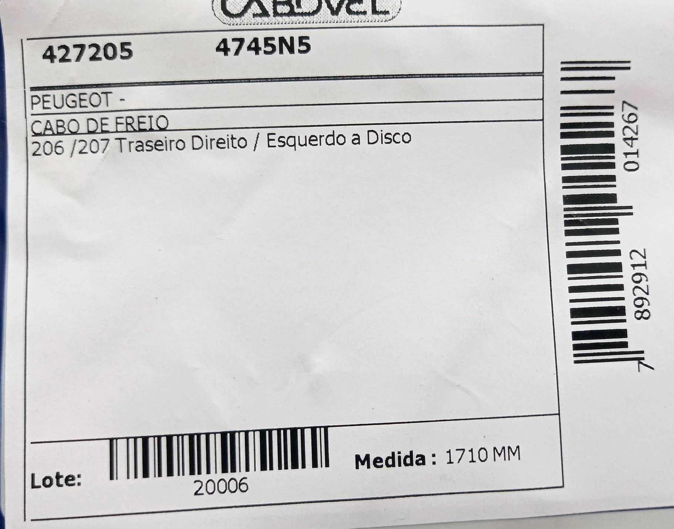 CABO DE FREIO TRASEIRO PEUGEOT 206/207 - FREIO DISCO - 1710MM