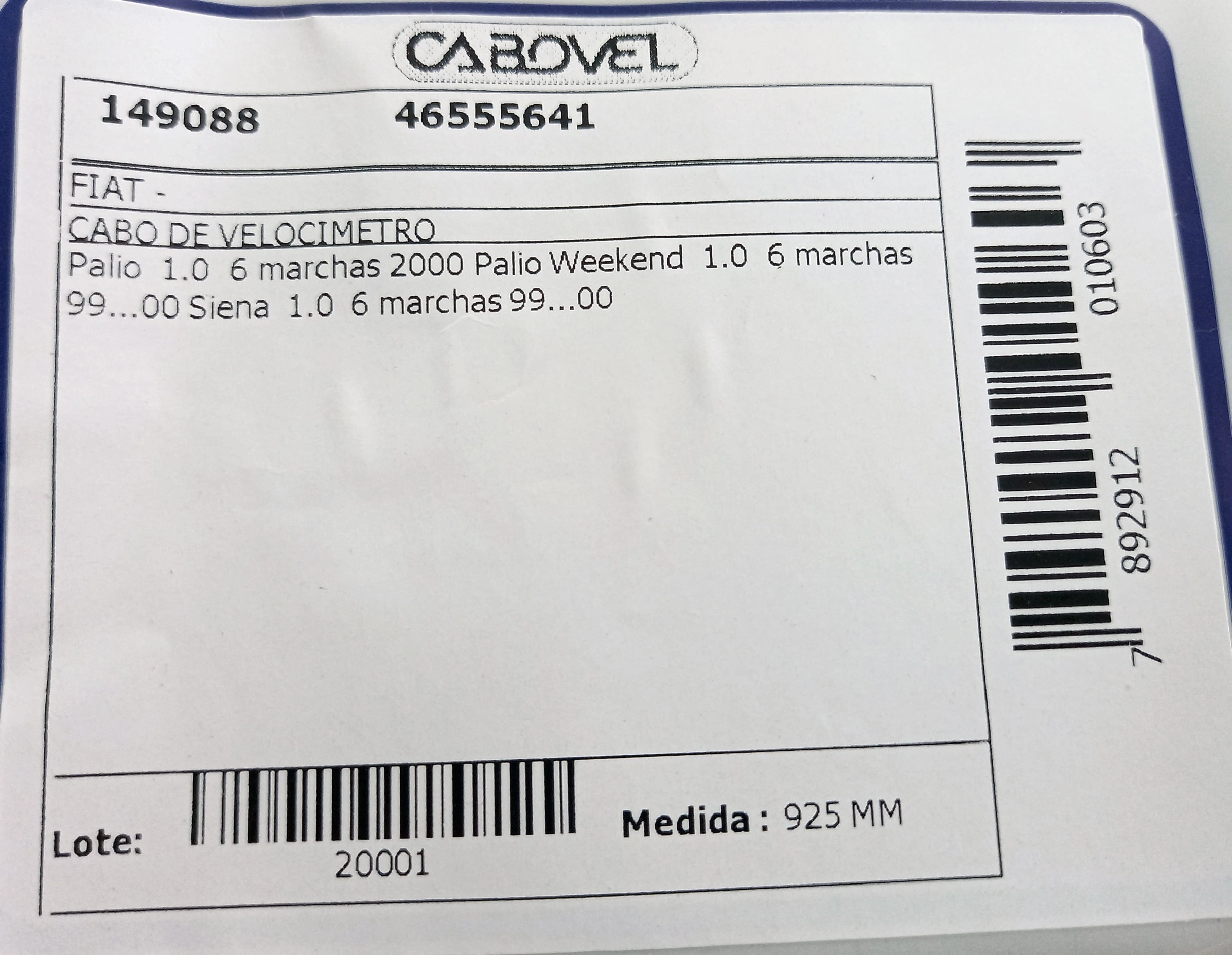 CABO VELOCIMETRO FIAT PALIO/SIENA 1.0 - 6 MARCHAS 99/ 925