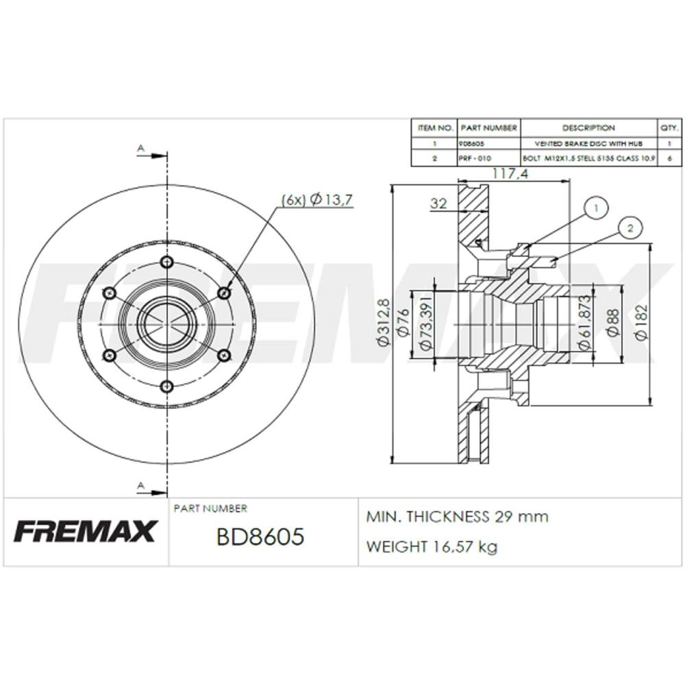 DISCO FREIO DIANTEIRO COM CUBO VENTILADO 312.80MM GM SILVERADO 96/01 GRAND BLAZER 98/99 BONANZA 89/95 312.8MM