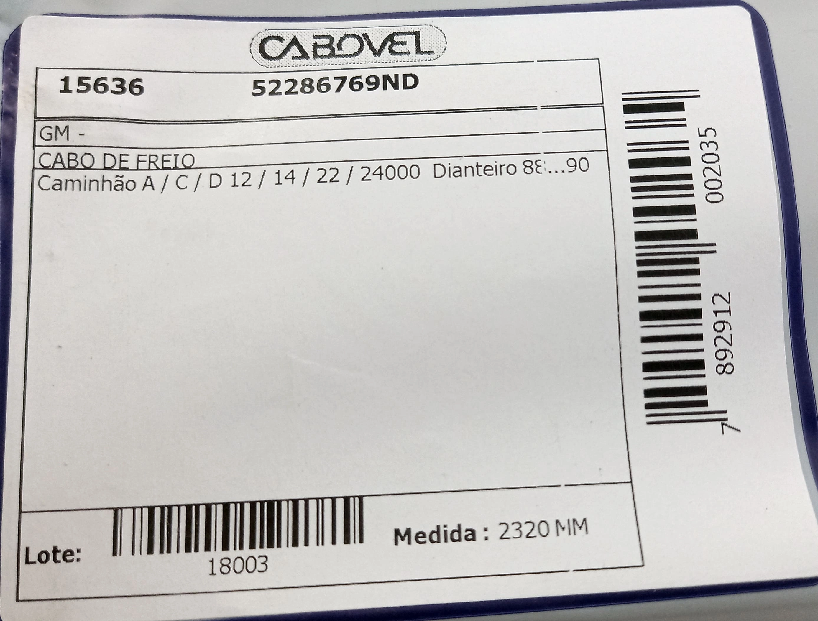 CABO FREIO DIANTEIRO 2320MM GM A/C/D-12/14/22/24000 88/90 2320