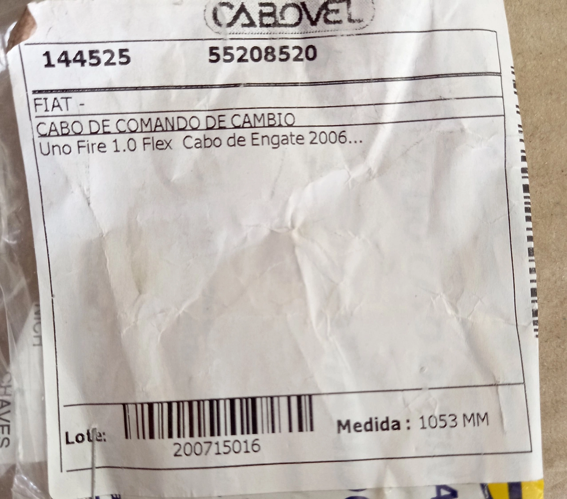 CABO CÂMBIO ENGATE MARCHAS FIAT UNO 2006/ - FIRE FLEX - 1053MM