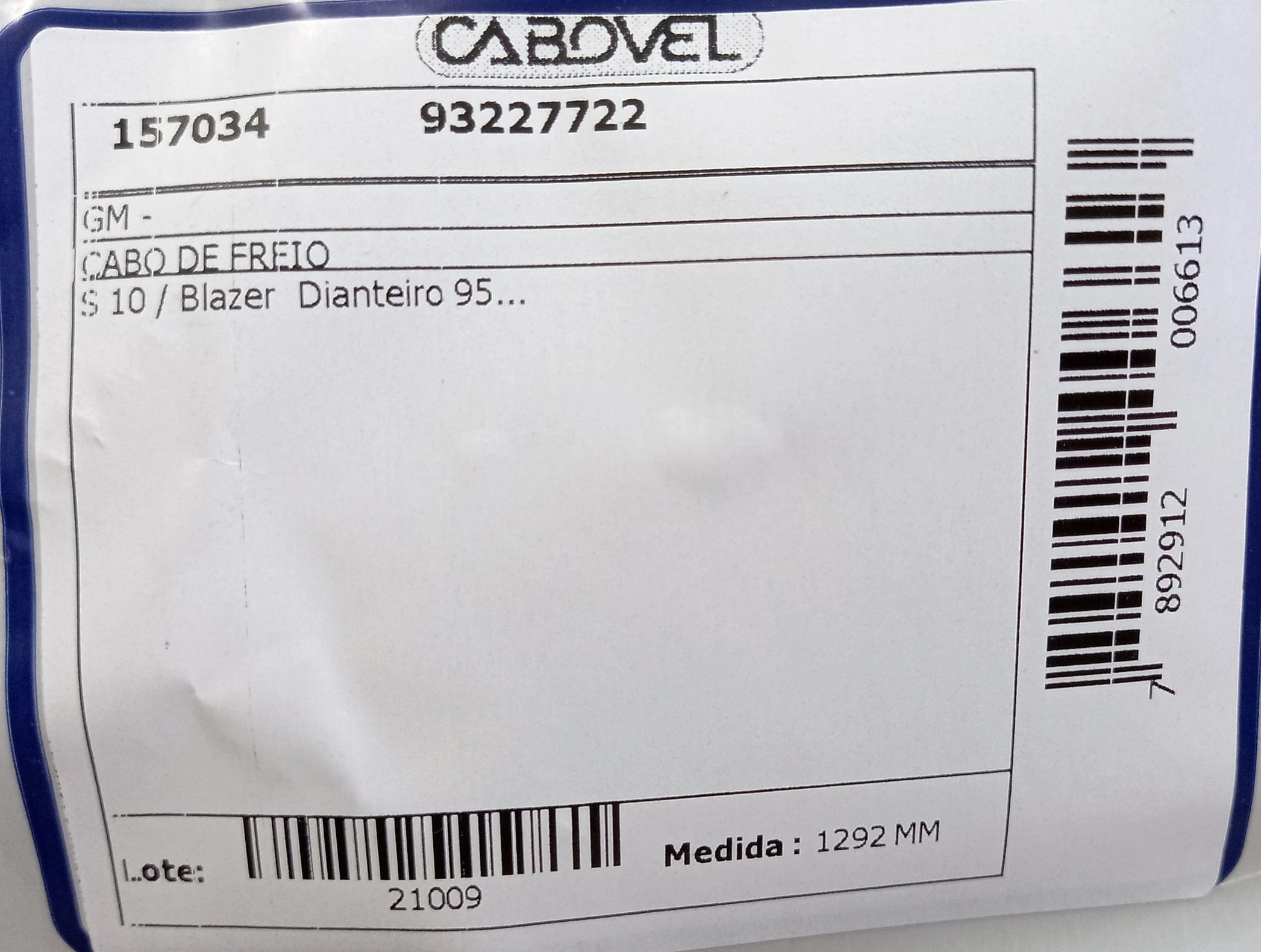 CABO FREIO DIANTEIRO 1292MM GM S-10/BLAZER 1995/