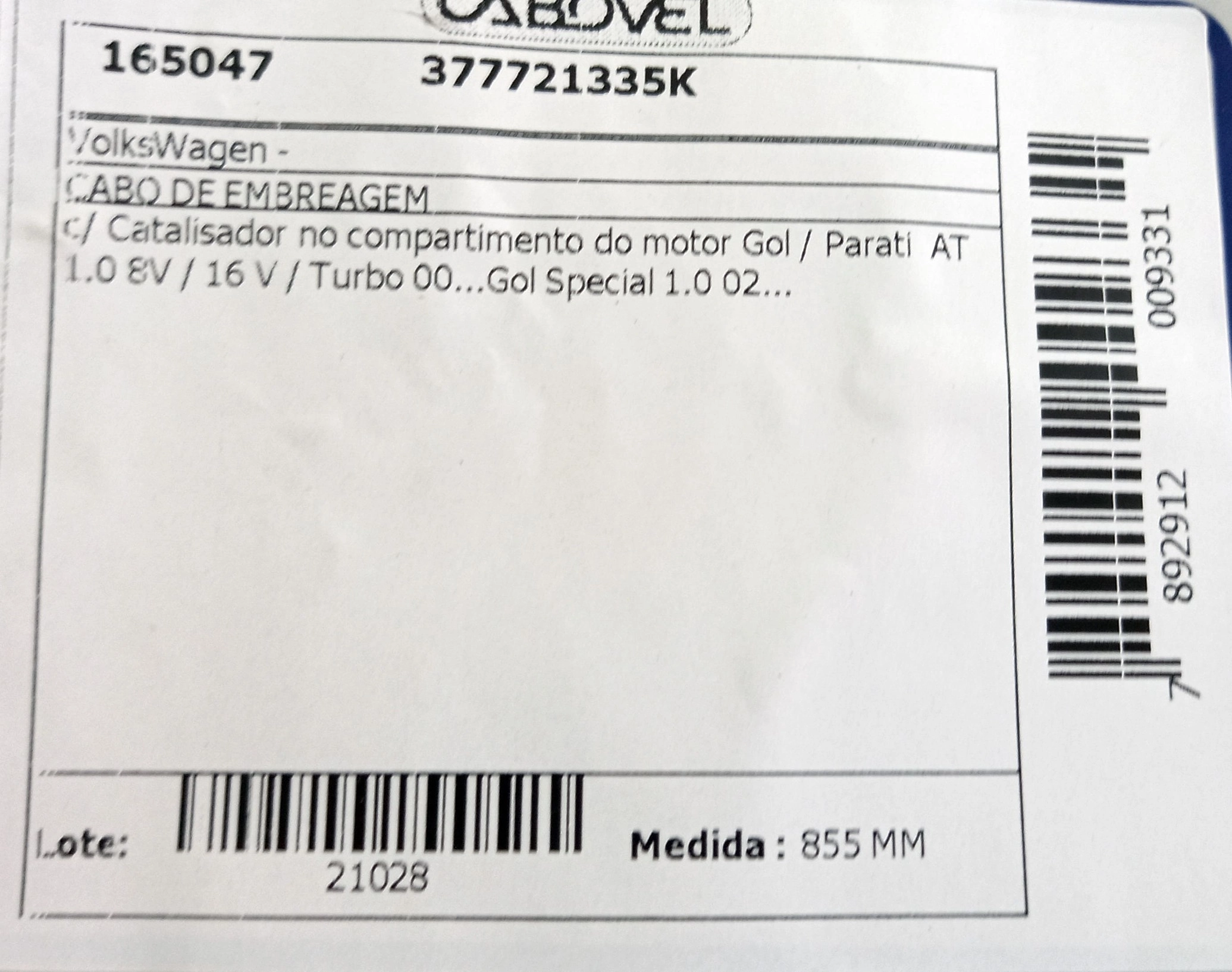 CABO EMBREAGEM VW GOL/PARATI 1.0 TURBO C/CATALISADOR NO COMP. MOTOR - GOL/PARATI SPECIAL 1.0 00/ 855