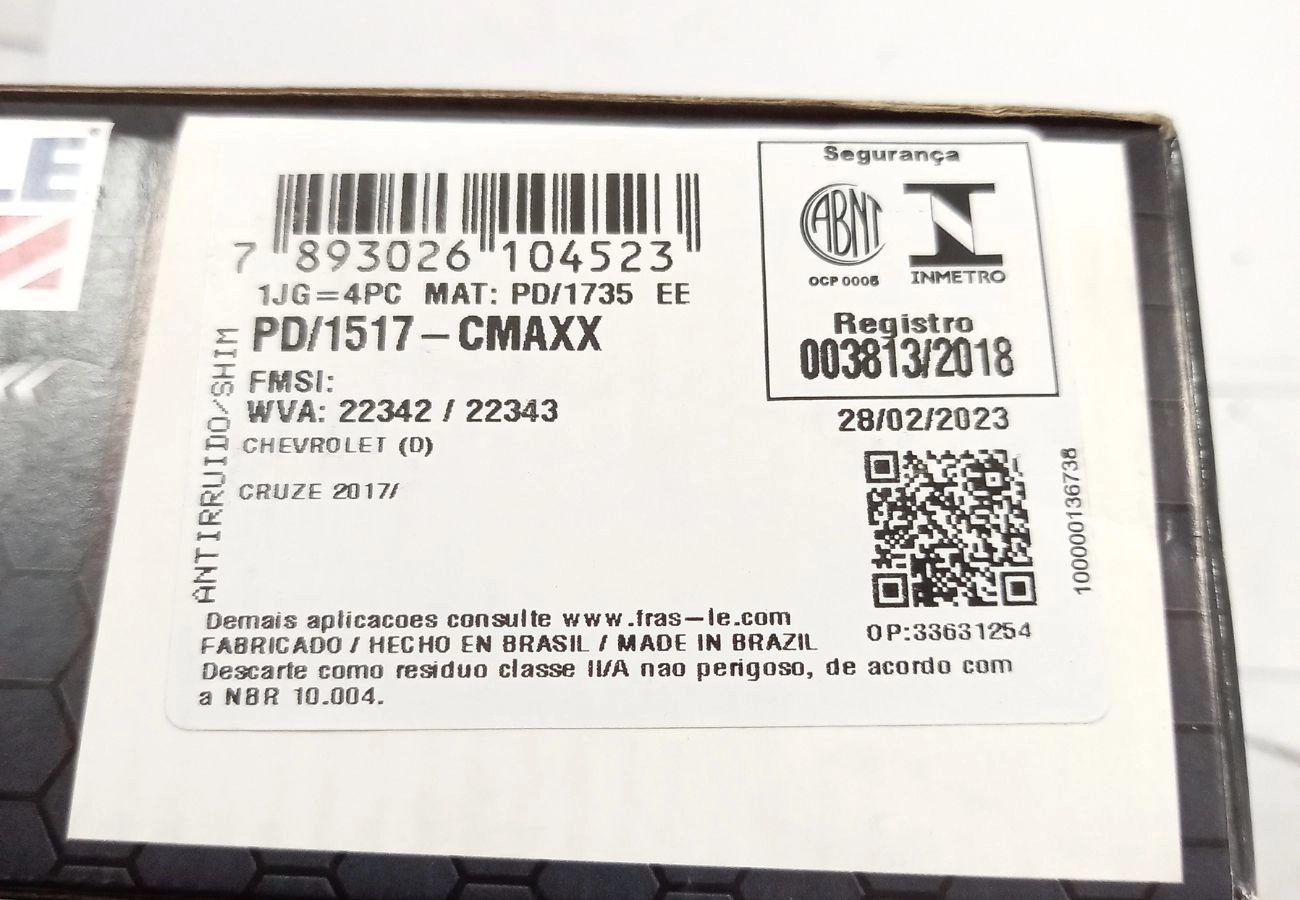 PASTILHA DE FREIO DIANTEIRA GM CRUZE/CRUZE SPORT TURBO 1.4 16/