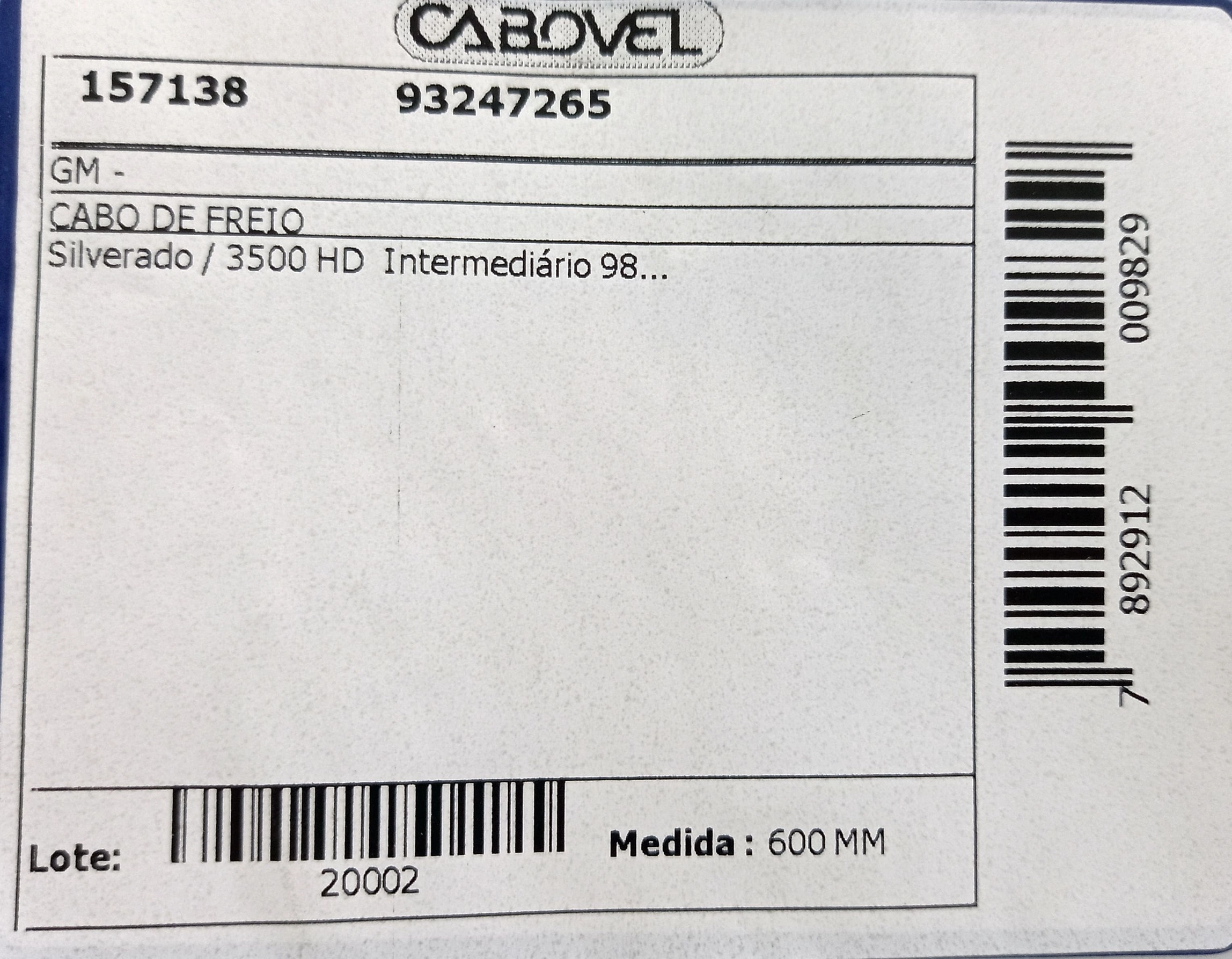 CABO FREIO GM SILVERADO 98/ - INTERMEDIARIO 600