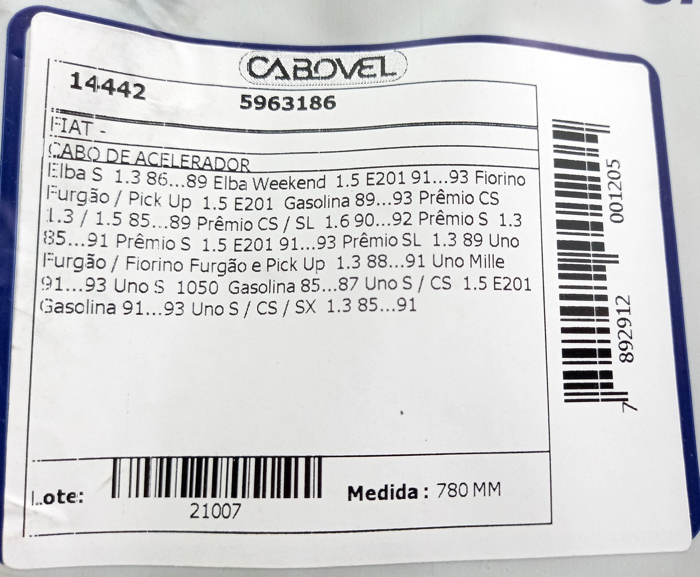 CABO ACELERADOR FIAT UNO MILLE/1.5 ELBA/PREMIO 1.3/1.5 91/93 - 780MM