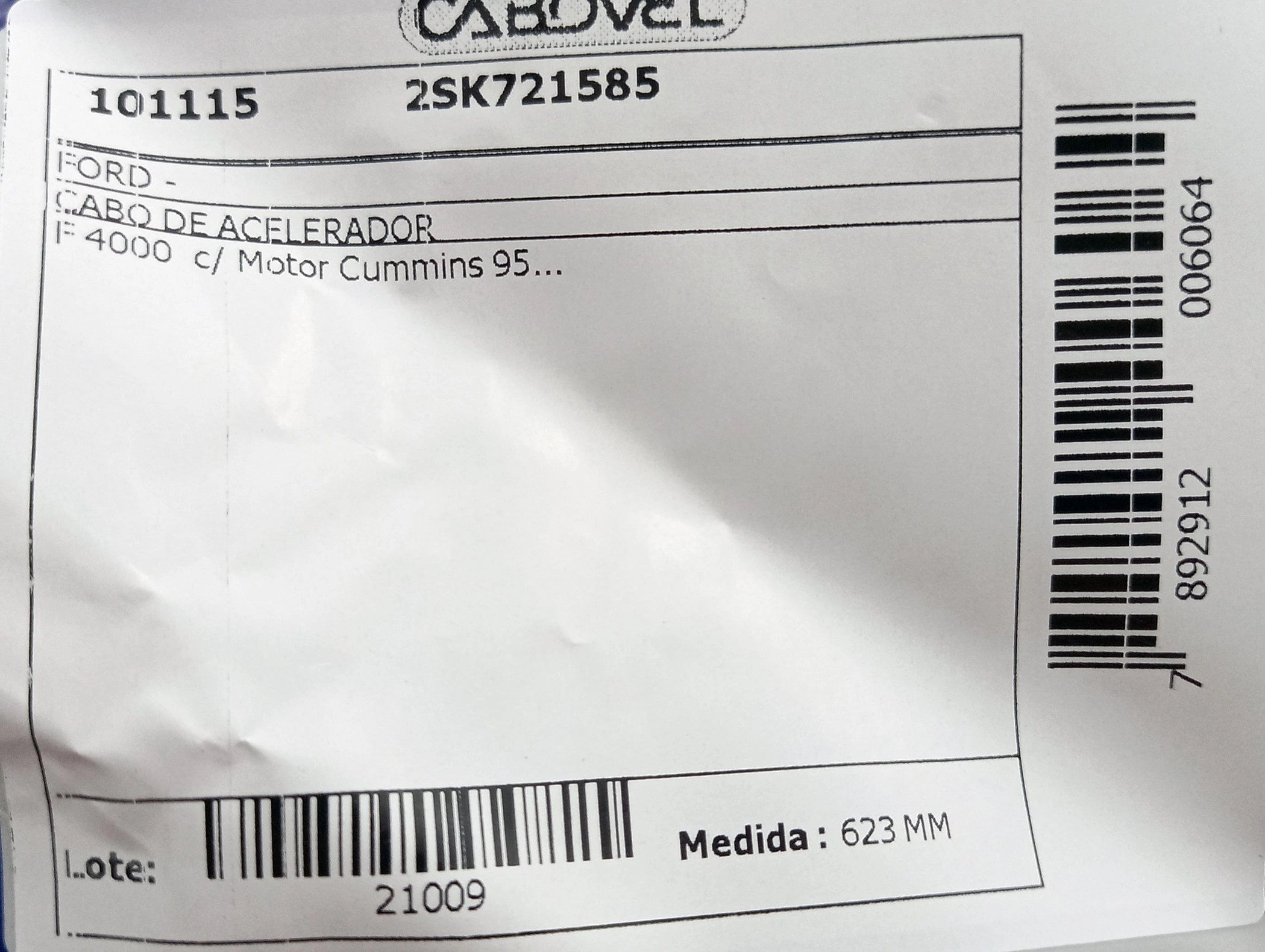 CABO ACELERADOR COM MOTOR CUMMINS 623MM FORD F-4000 1995/