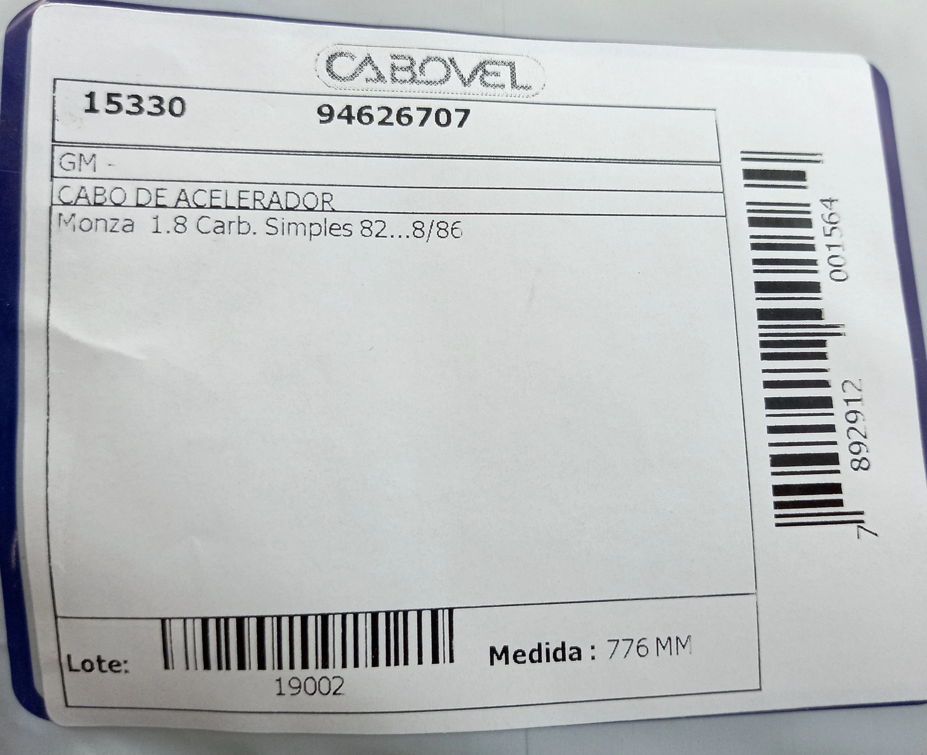CABO ACELERADOR GM MONZA 1.8 CARBURACAO SIMPLES 82/08.86 776