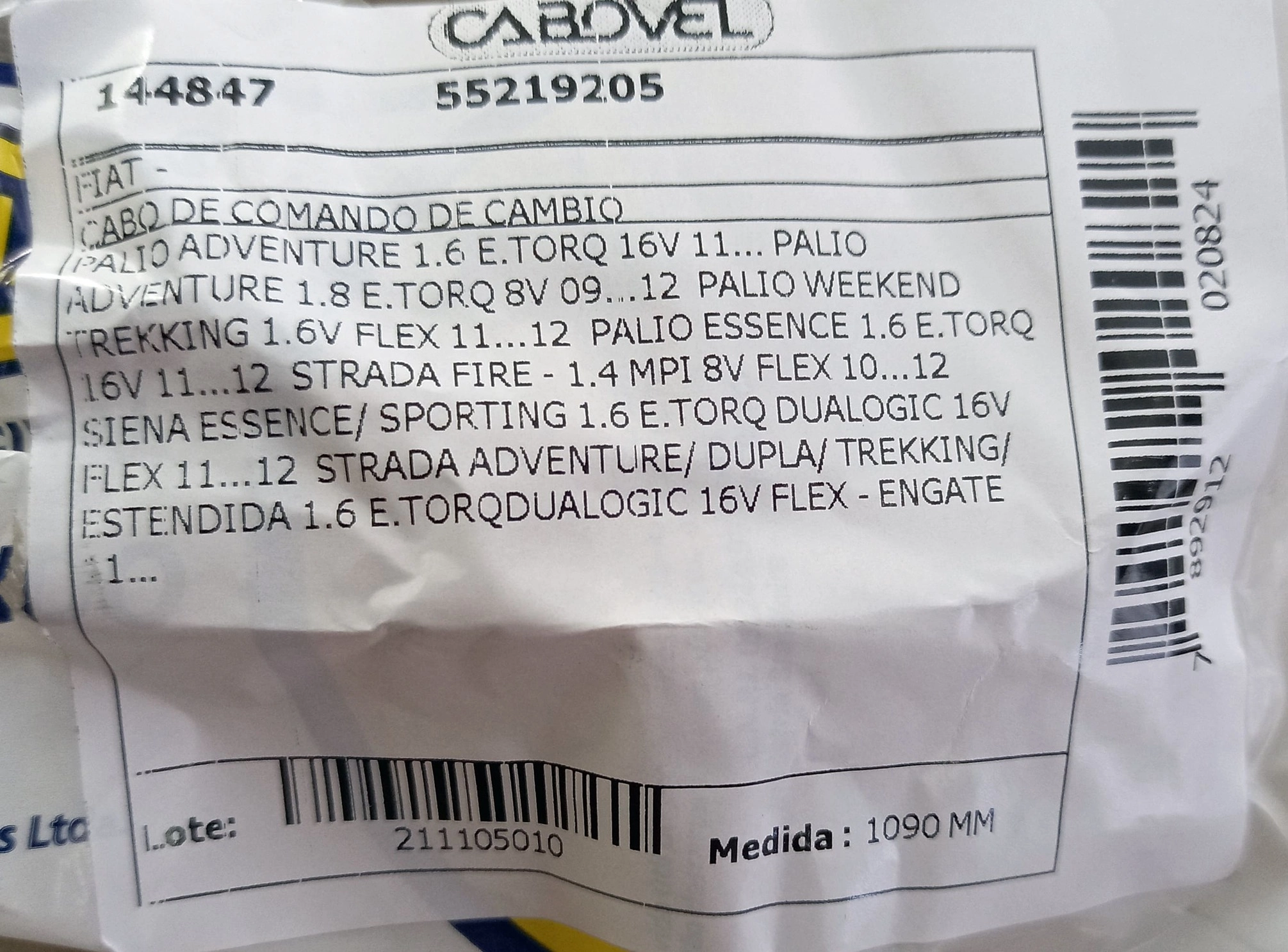 CABO CÂMBIO ENGATE MARCHAS FIAT PALIO/SIENA/STRADA E.TORQ 09/ - STRADA FIRE 1.4 10/12 - 1090MM