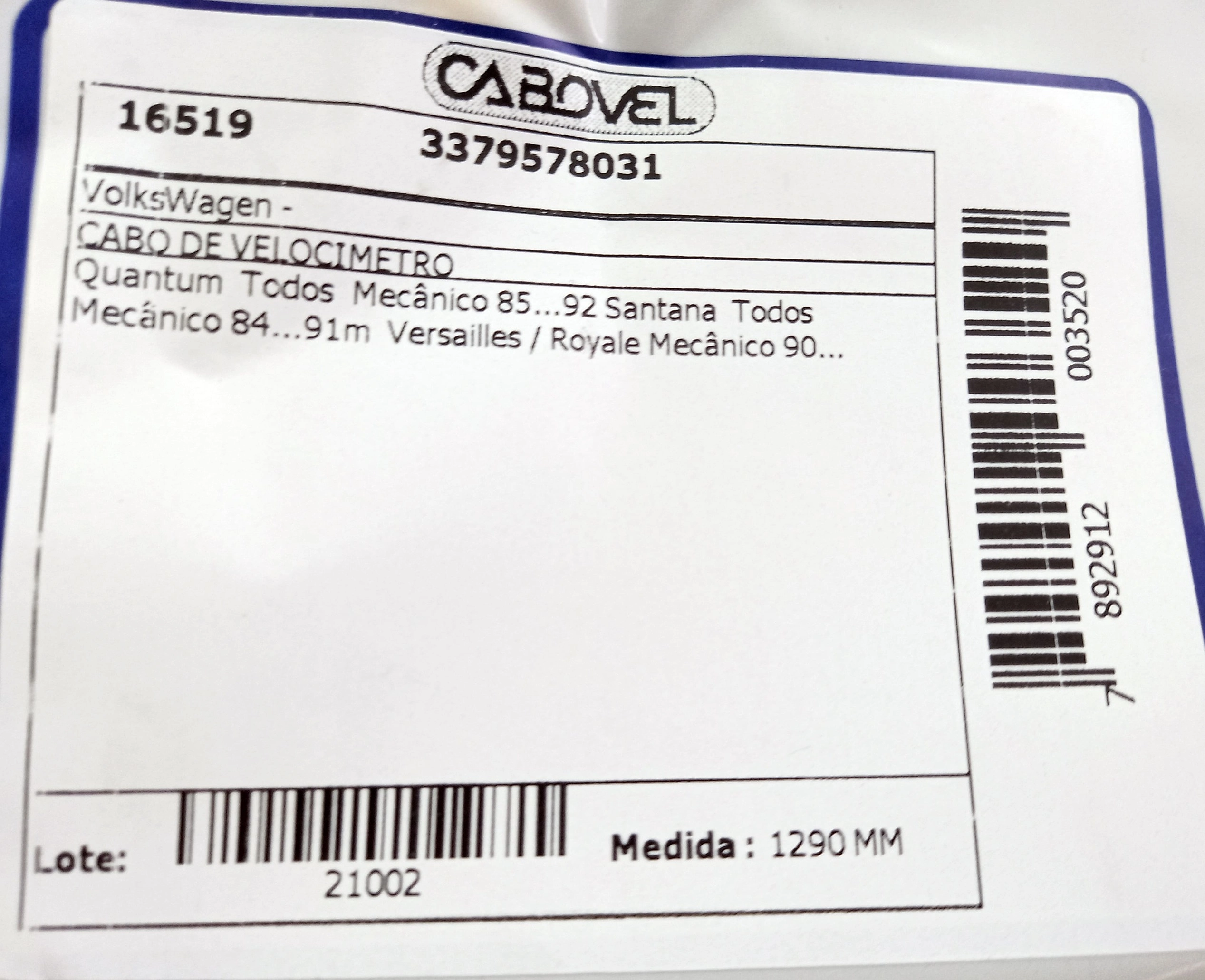 CABO VELOCIMETRO VW SANTANA/QUANTUM - TODOS - MECANICO 84/91 1290