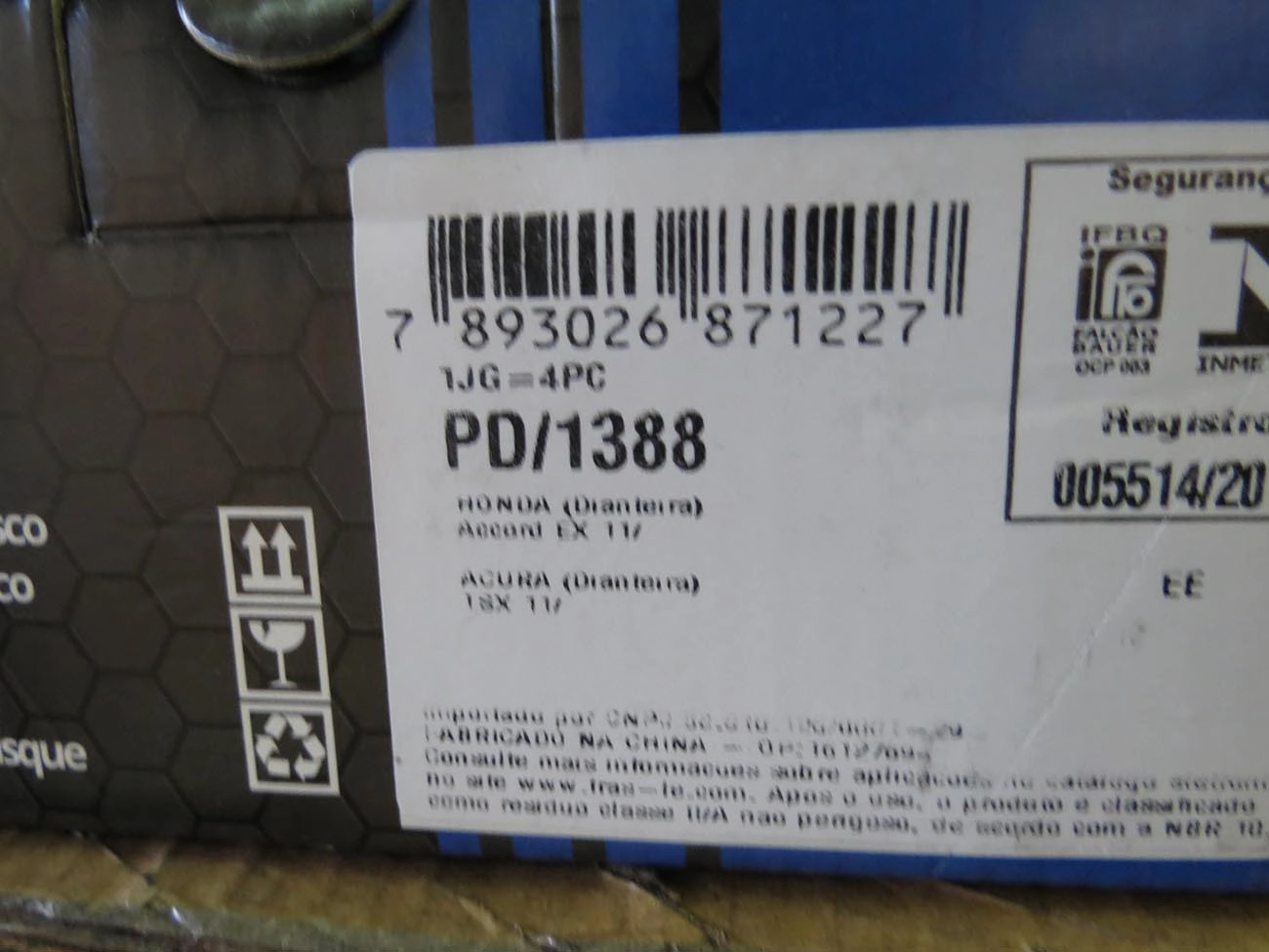 PASTILHA DE FREIO DIANTEIRA HONDA CIVIC 1.8/2.0 2012/2016 - ACCORD 2003/