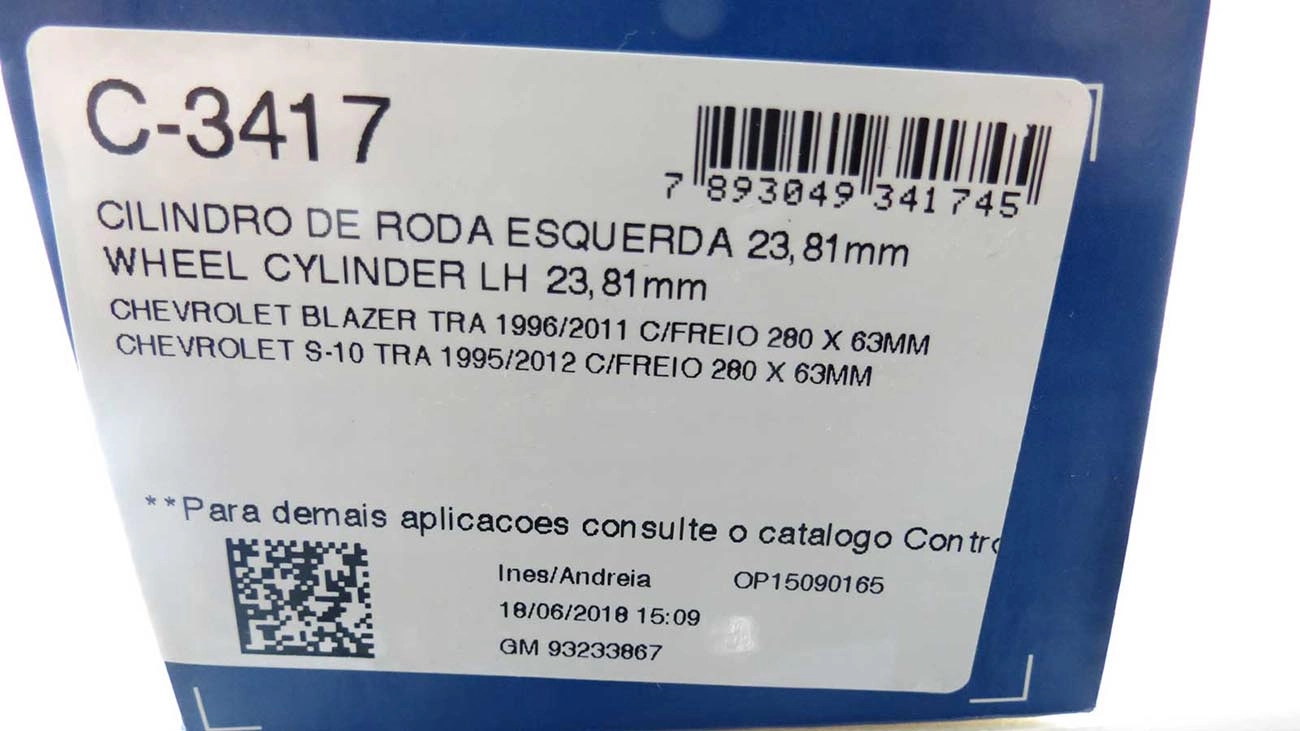 CILINDRO RODA FREIO TRASEIRO LADO ESQUERDO SAPATA 280X63MM TRASEIRA ESQUERDA GM S-10/BLAZER 95/11 DIESEL/4.3 23,81MM