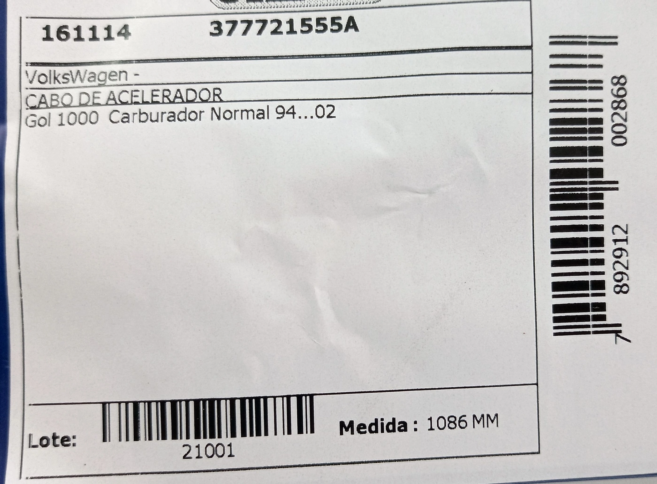 CABO DE ACELERADOR VW GOL 1000 1994/2002 - COM CARBURADOR MECÂNICO - 1086MM