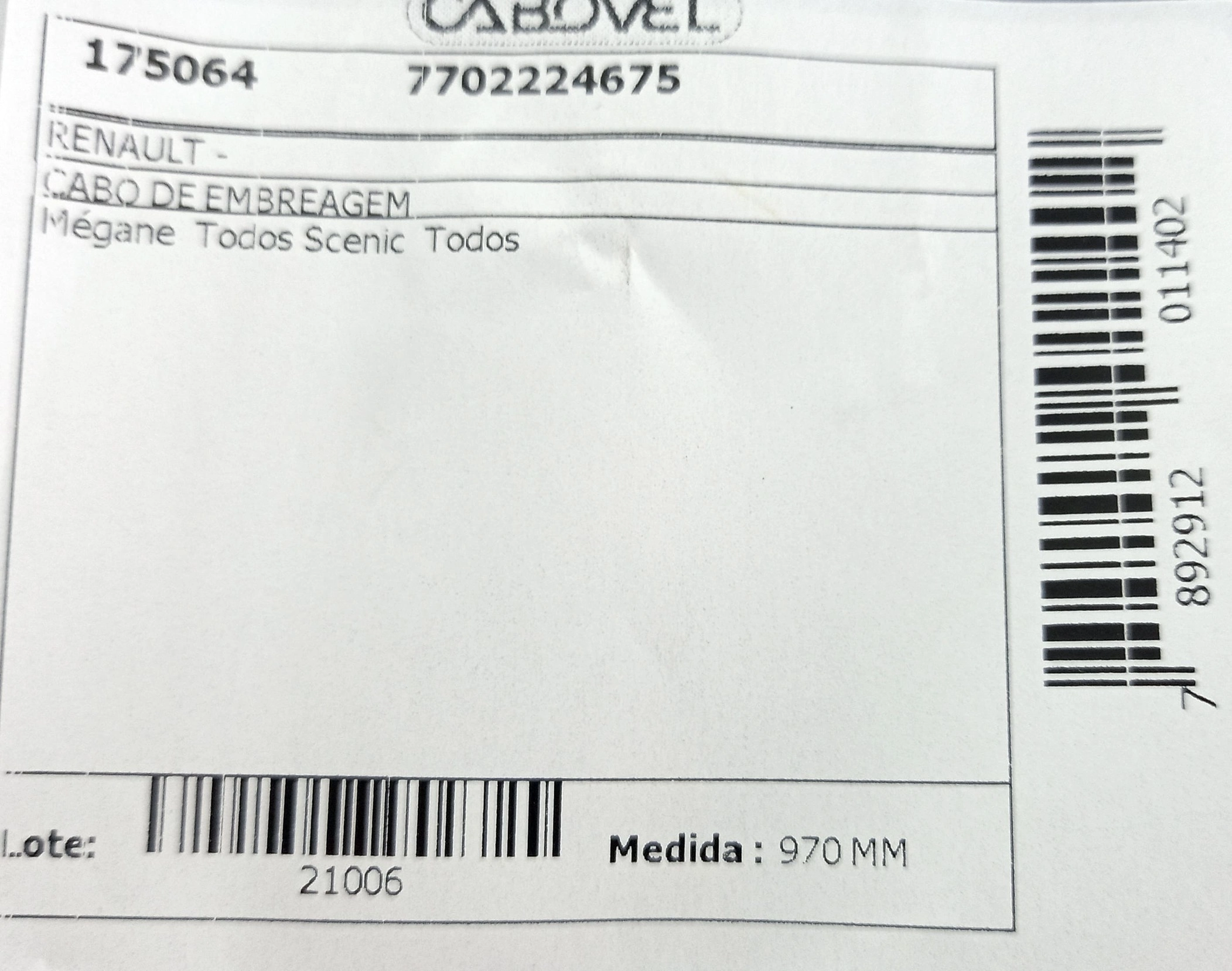 CABO EMBREAGEM 970MM RENAULT MEGANE/SCENIC TODOS COM DOIS CONTRAPESOS