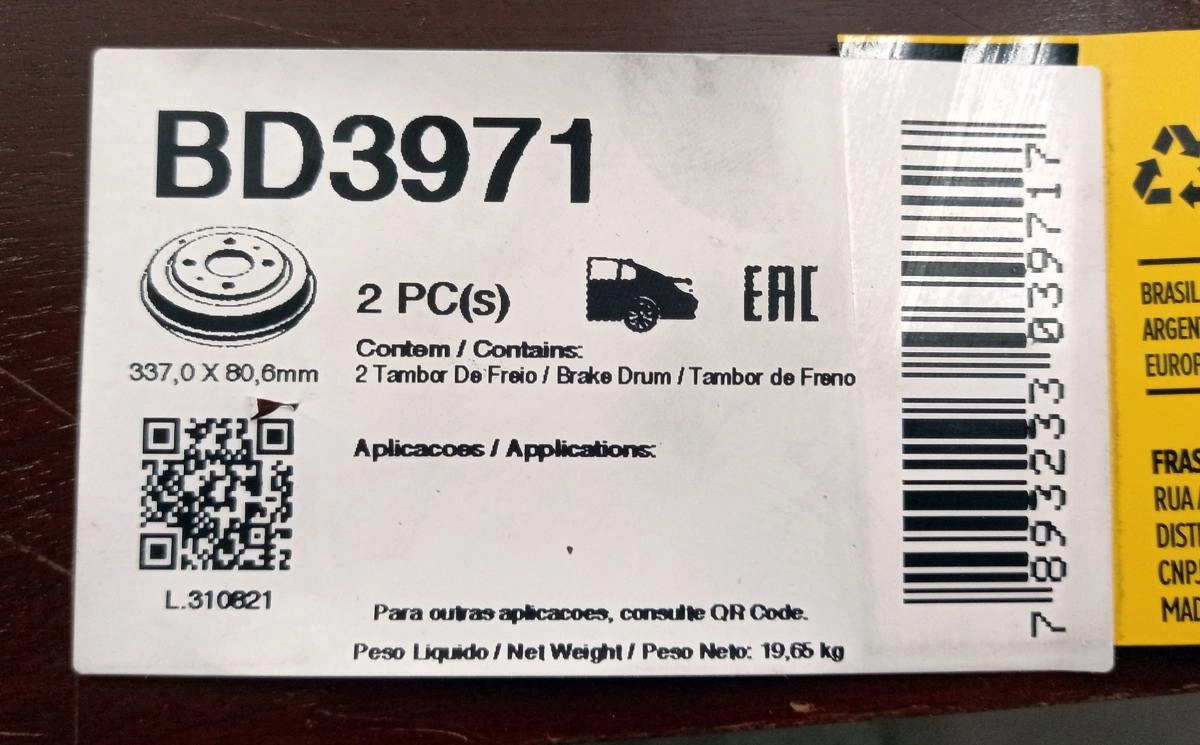 TAMBOR FREIO TRASEIRO SEM CUBO 6 FUROS GM NOVA S-10 2012/ 4X2/4X4