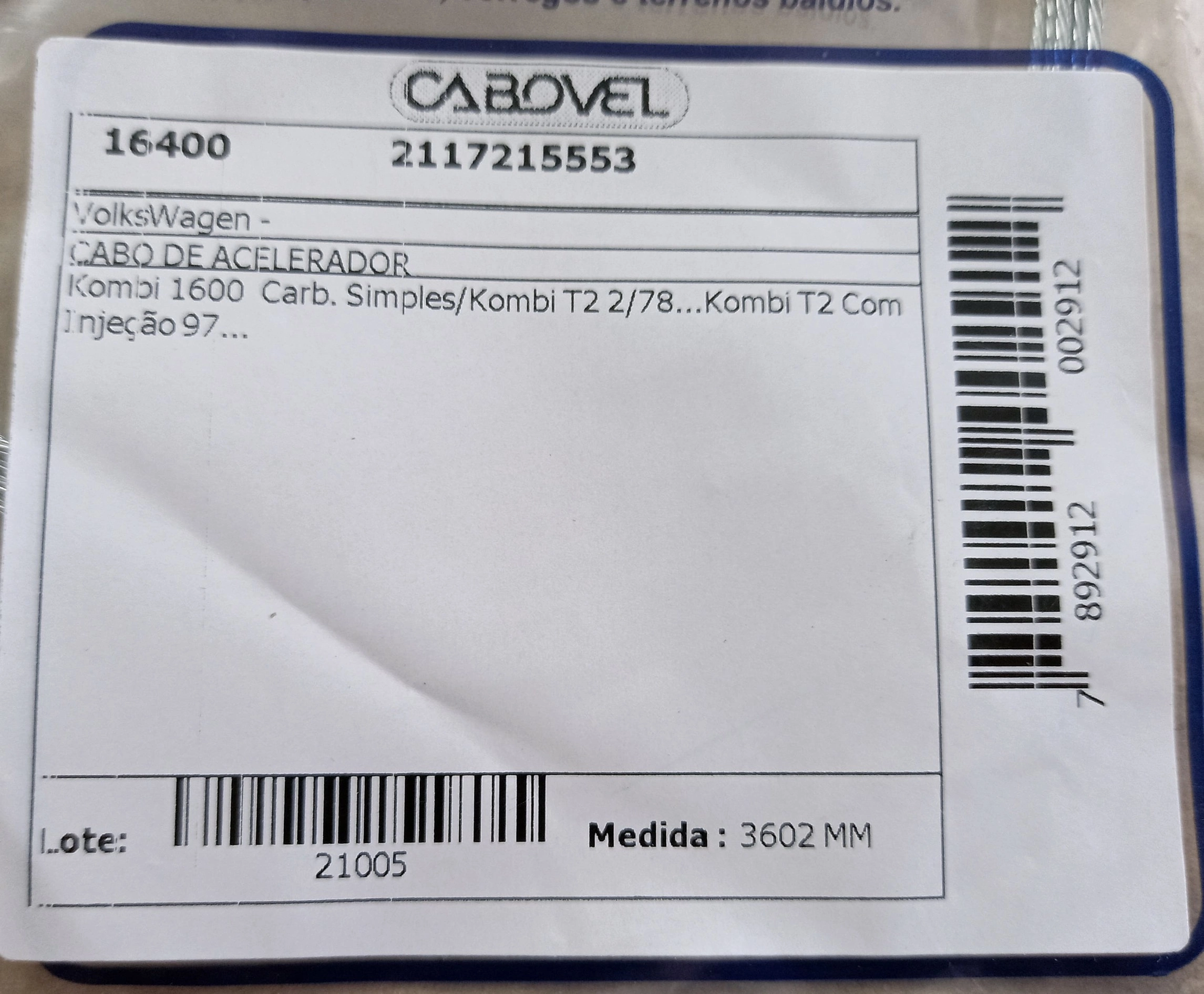 CABO ACELERADOR VW KOMBI 1600 - CARBURACAO SIMPLES/KOMBI T2 02.78/ 3602