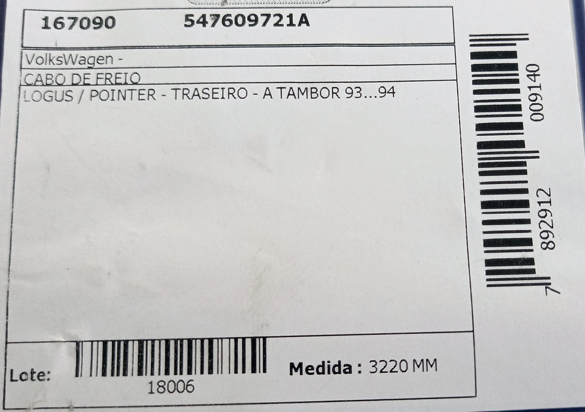 CABO FREIO VW LOGUS/POINTER 93/94 - TRASEIRO C/FREIO A TAMBOR