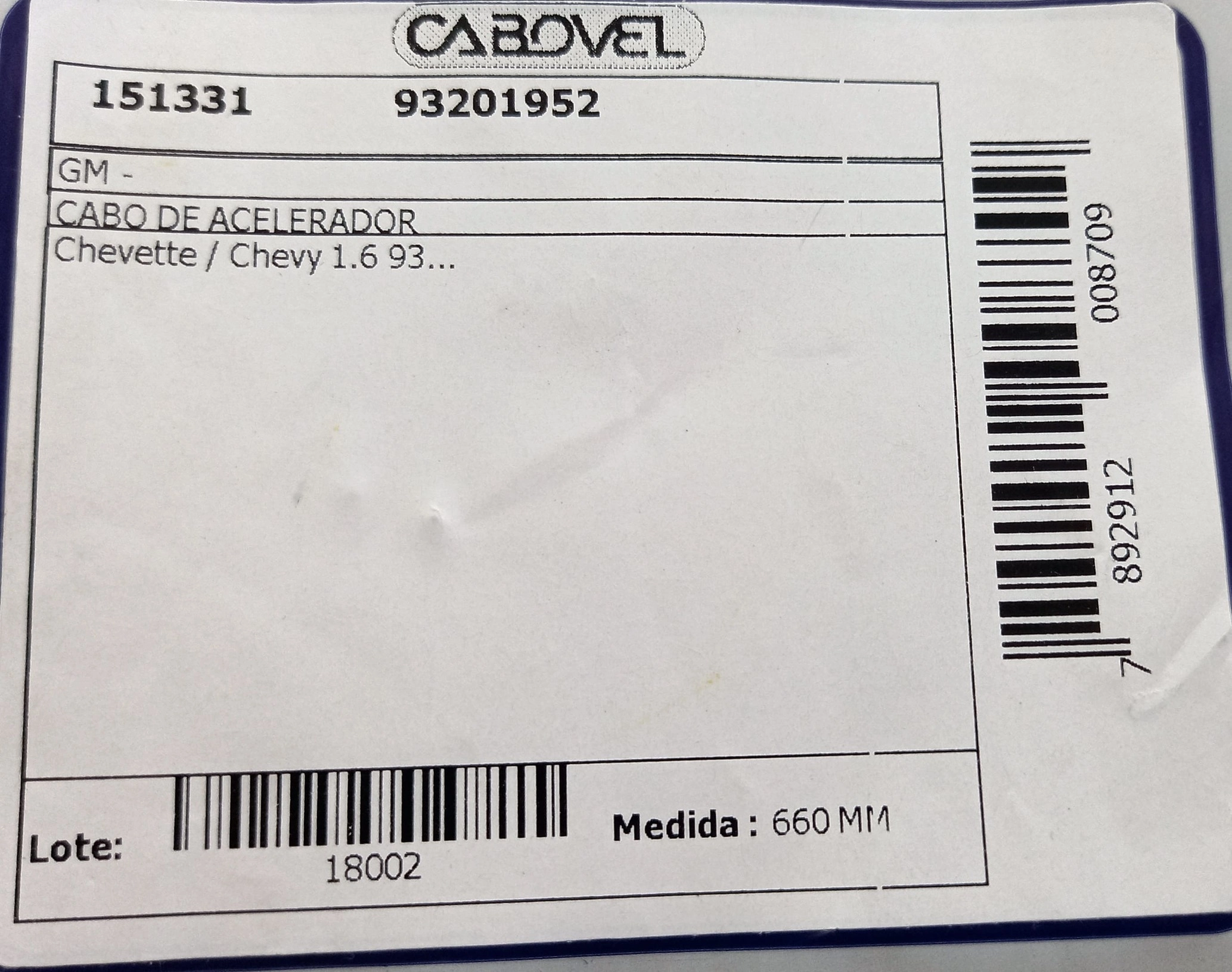 CABO ACELERADOR 660MM GM CHEVETTE/CHEVY/CHEVY 1.6 93/ 660