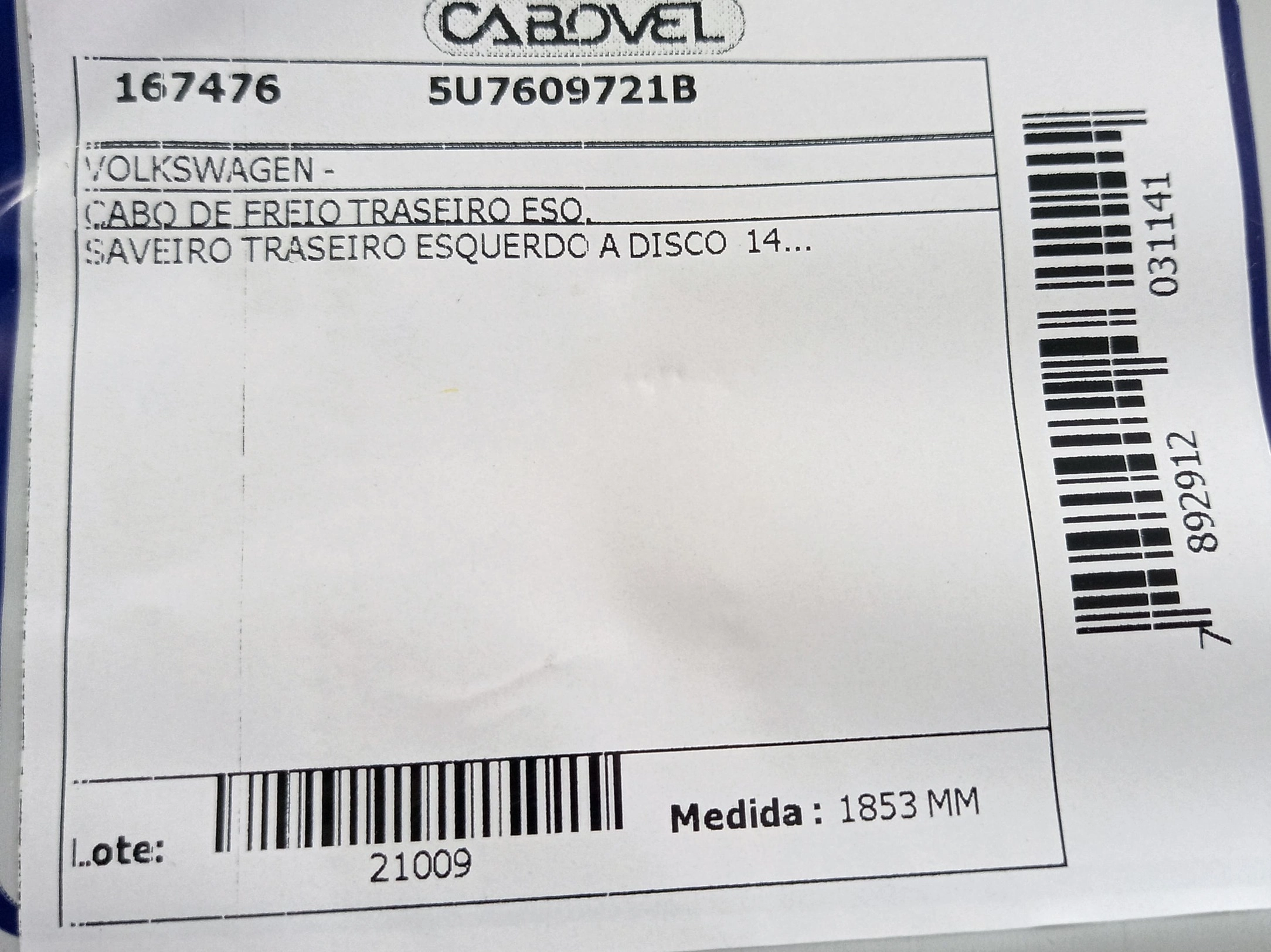 CABO DE FREIO TRASEIRO ESQUERDO FREIO A DISCO  VW NOVA SAVEIRO 14/ - 1853MM