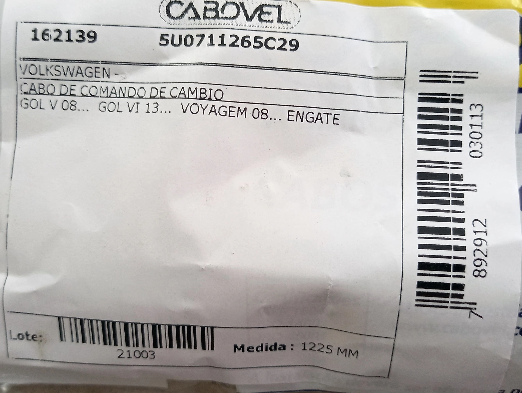 CABO CÂMBIO ENGATE VW GOL GV 2008/ - GVI 2013/ - VOYAGE 2008/ - 1225MM - CABO ENGATE DAS MARCHAS
