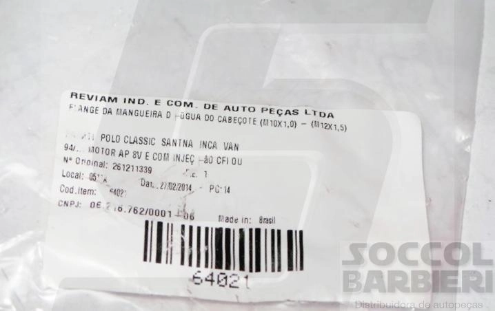 CONECTOR ENTRADA ÁGUA CABEÇOTE VW GOL/PARATI/SAVEIRO/SANTANA 94/ - ENTRADA DA ÁGUA