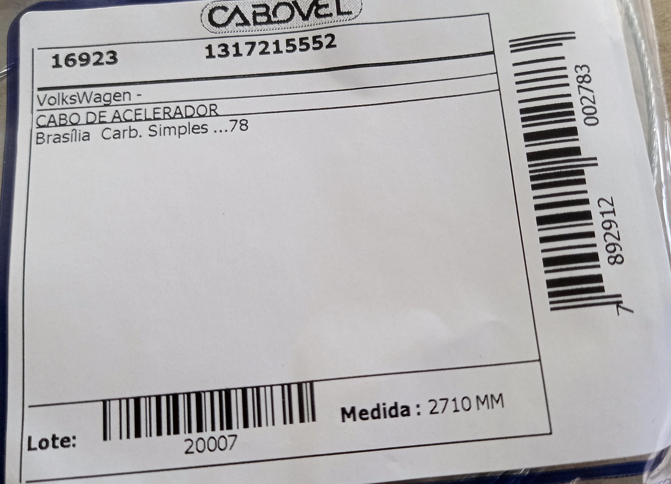CABO ACELERADOR VW BRASILIA - CARBURACAO SIMPLES/78 2710