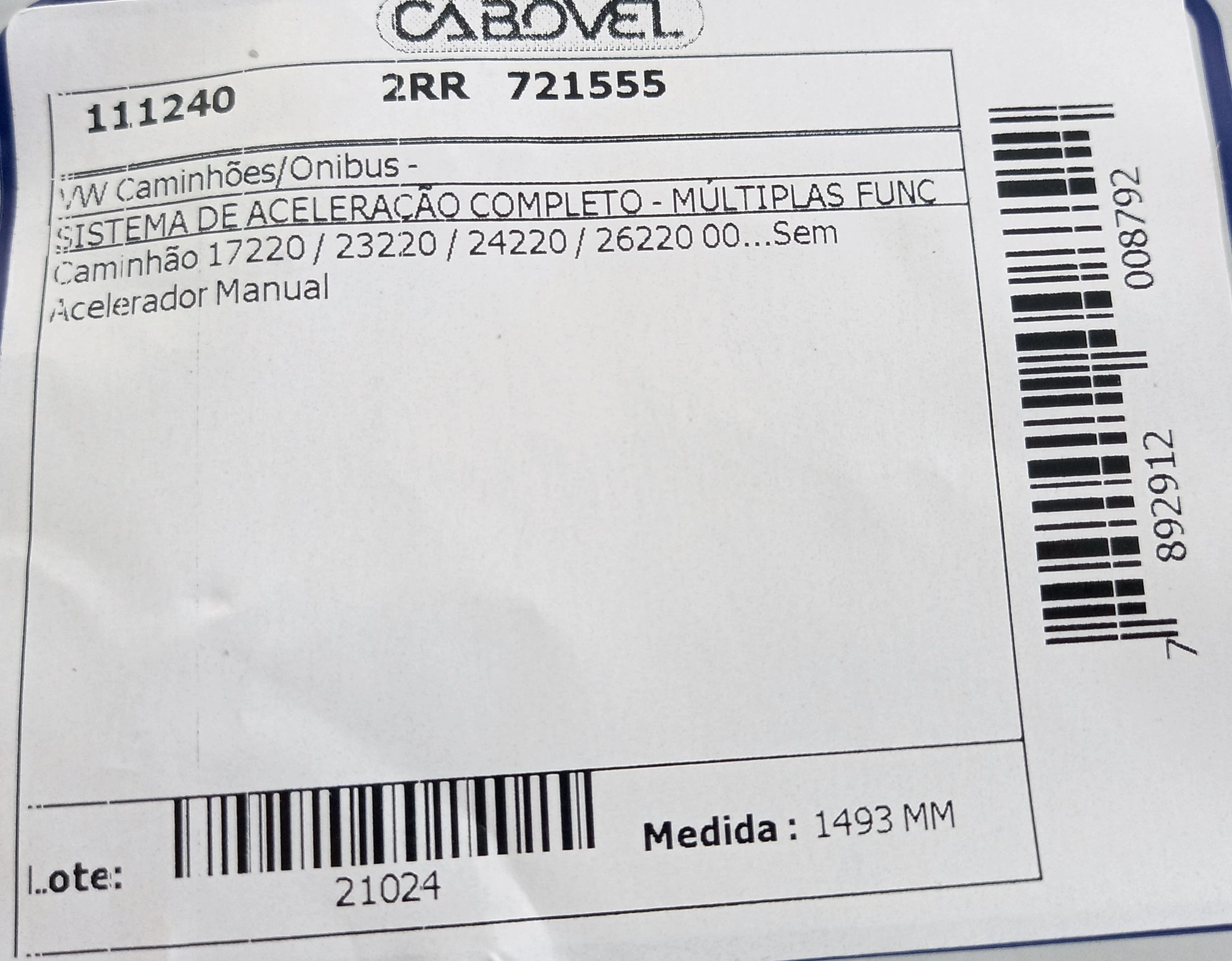 CABO ACELERADOR 1493MM VW 17.220/23.220/24.220/26.220 SIST. MULT. FUNCOES COMP. S/ACEL. MANUAL