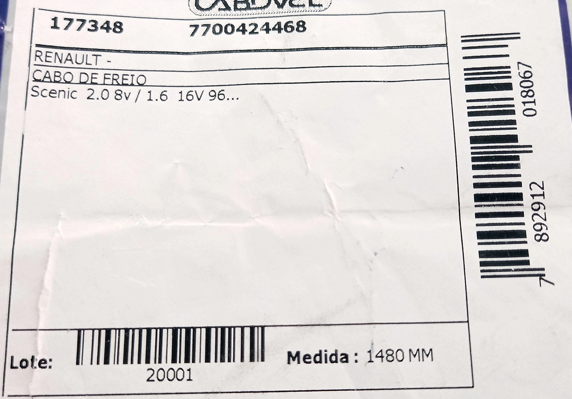 CABO FREIO RENAULT SCENIC 1.6 16V/2.0 8V - DIREITO/ESQUERDO- TAMBOR  - 1480