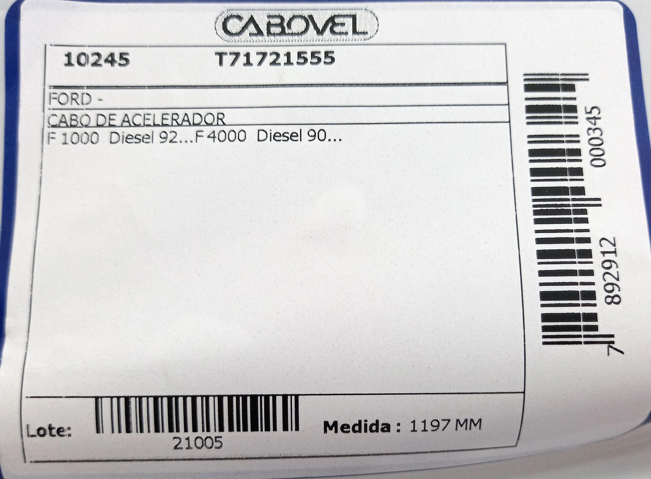CABO ACELERADOR 1197MM FORD F-1000 DIESEL 1992/ F-4000 1990/