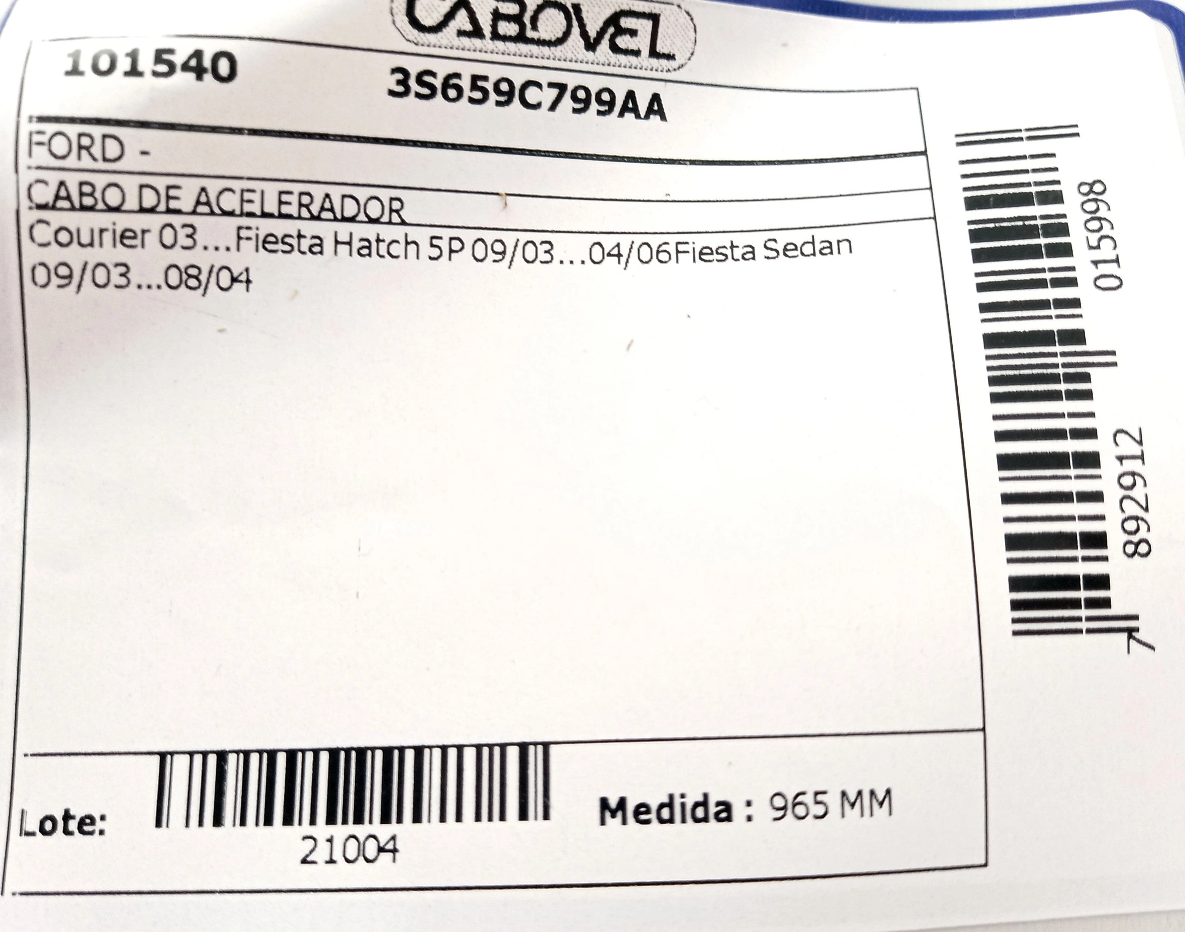 CABO DE ACELERADOR FORD FIESTA HATCH/SEDAN 09.03/08.04 - COURIER 03/ - 965MM