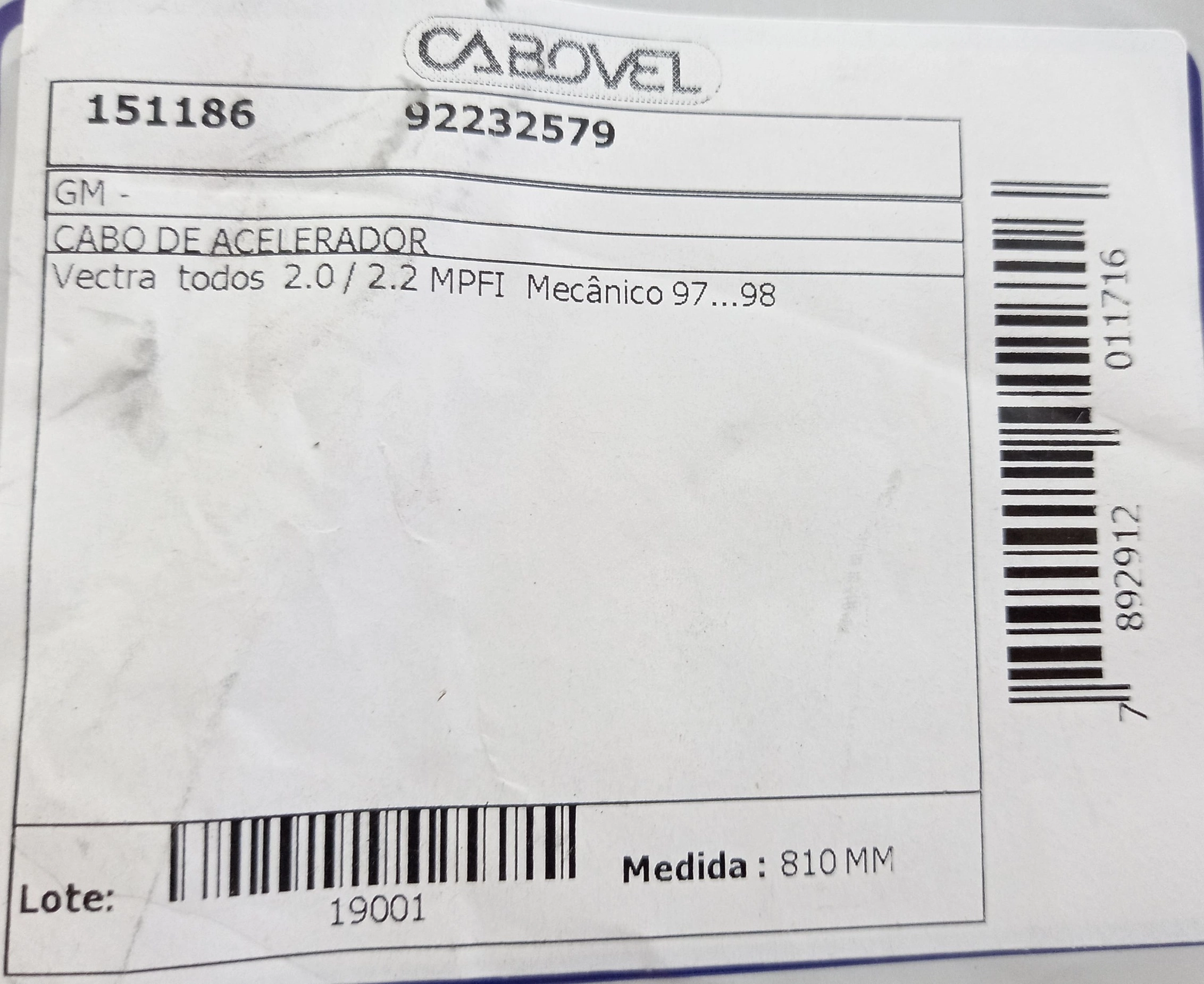 CABO ACELERADOR GM VECTRA 2.0/2.2 97/98 - MECANICO 810