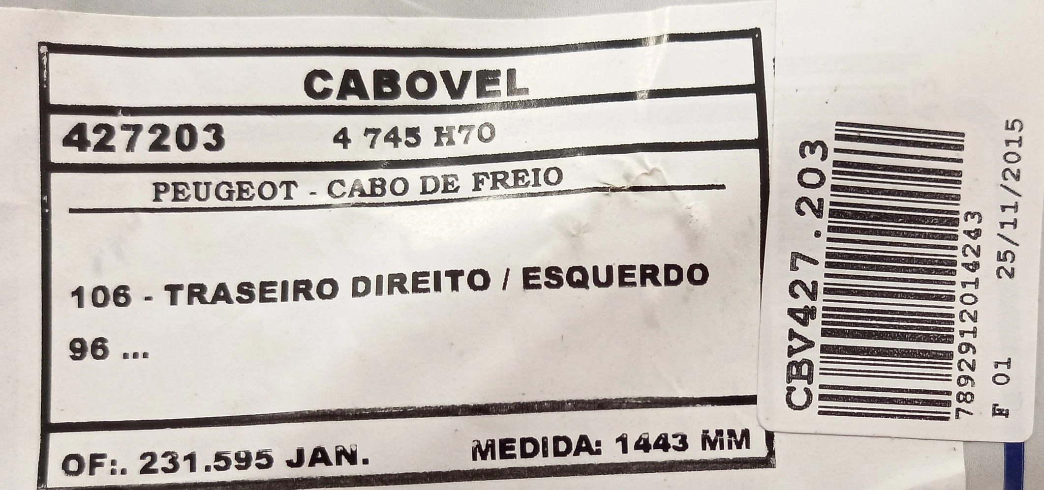 CABO DE FREIO TRASEIRO PEUGEOT 106 1996/ - 1443MM - FREIO TAMBOR