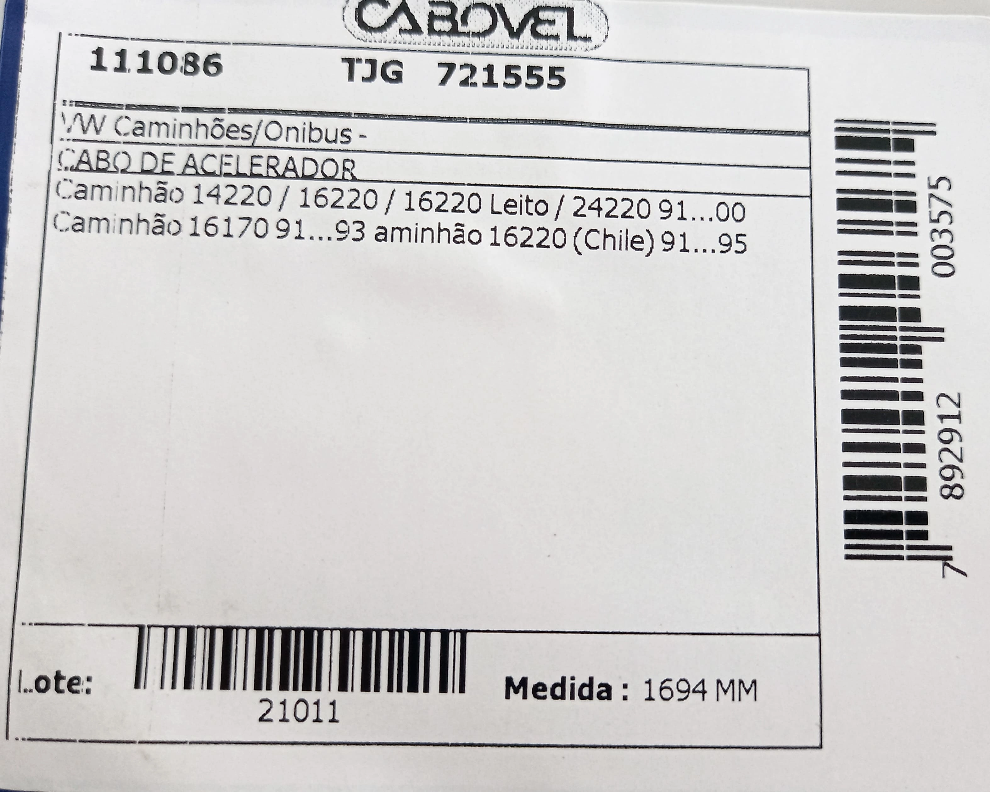 CABO ACELERADOR 1694MM VW 14.220/16.220/16.220 LEITO/24.220 91/00