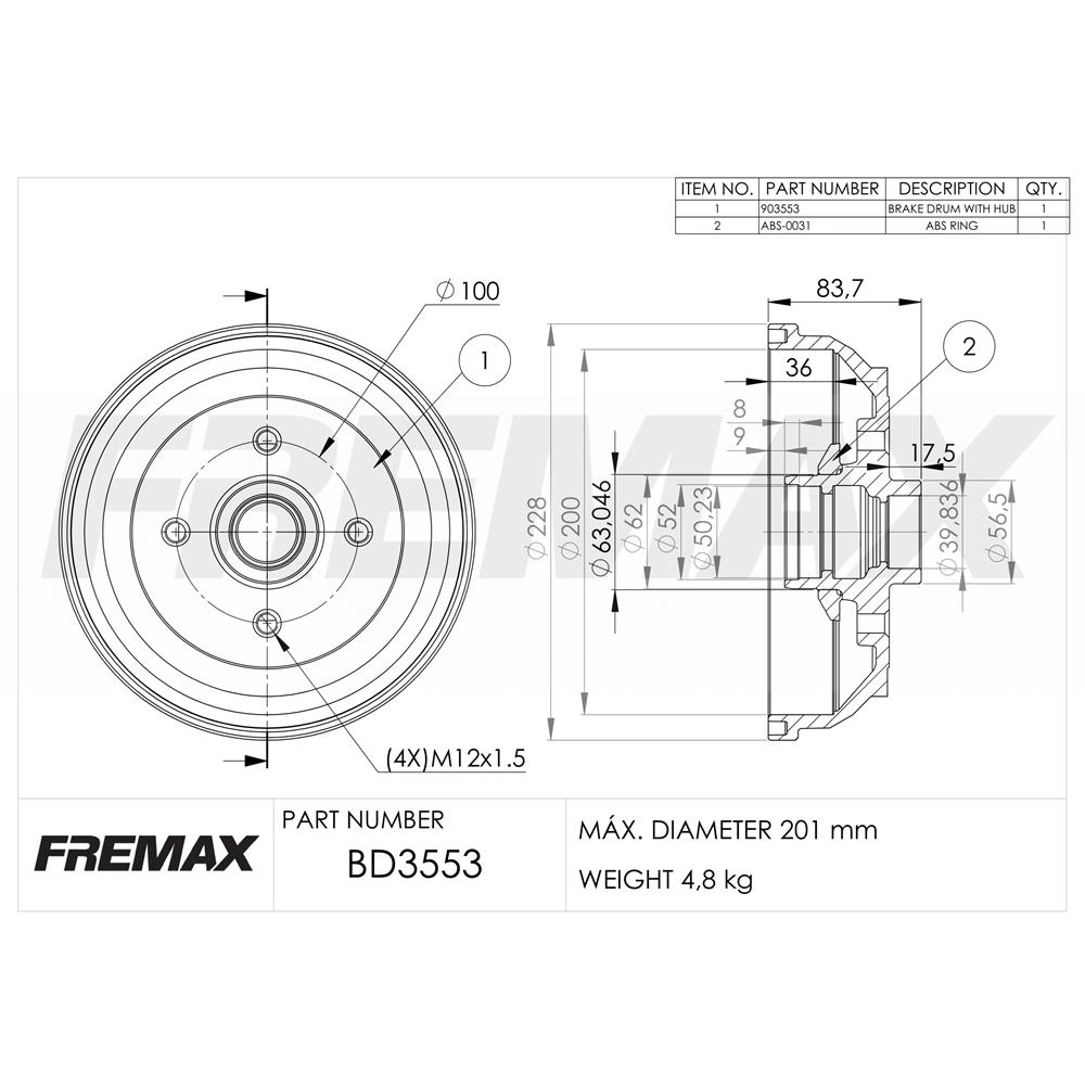 TAMBOR FREIO TRASEIRO COM ABS GM ONIX 13/ AGILE 10/15 CELTA 00/15 CLASSIC C/ABS ANEL FECHADO