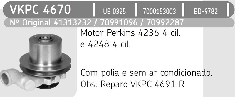 BOMBA AGUA MF 265/270/275/285/290 - CASE 580H - VW 6.80 - HYSTER - PERKINS 4.236/4.248 - C/POLIA