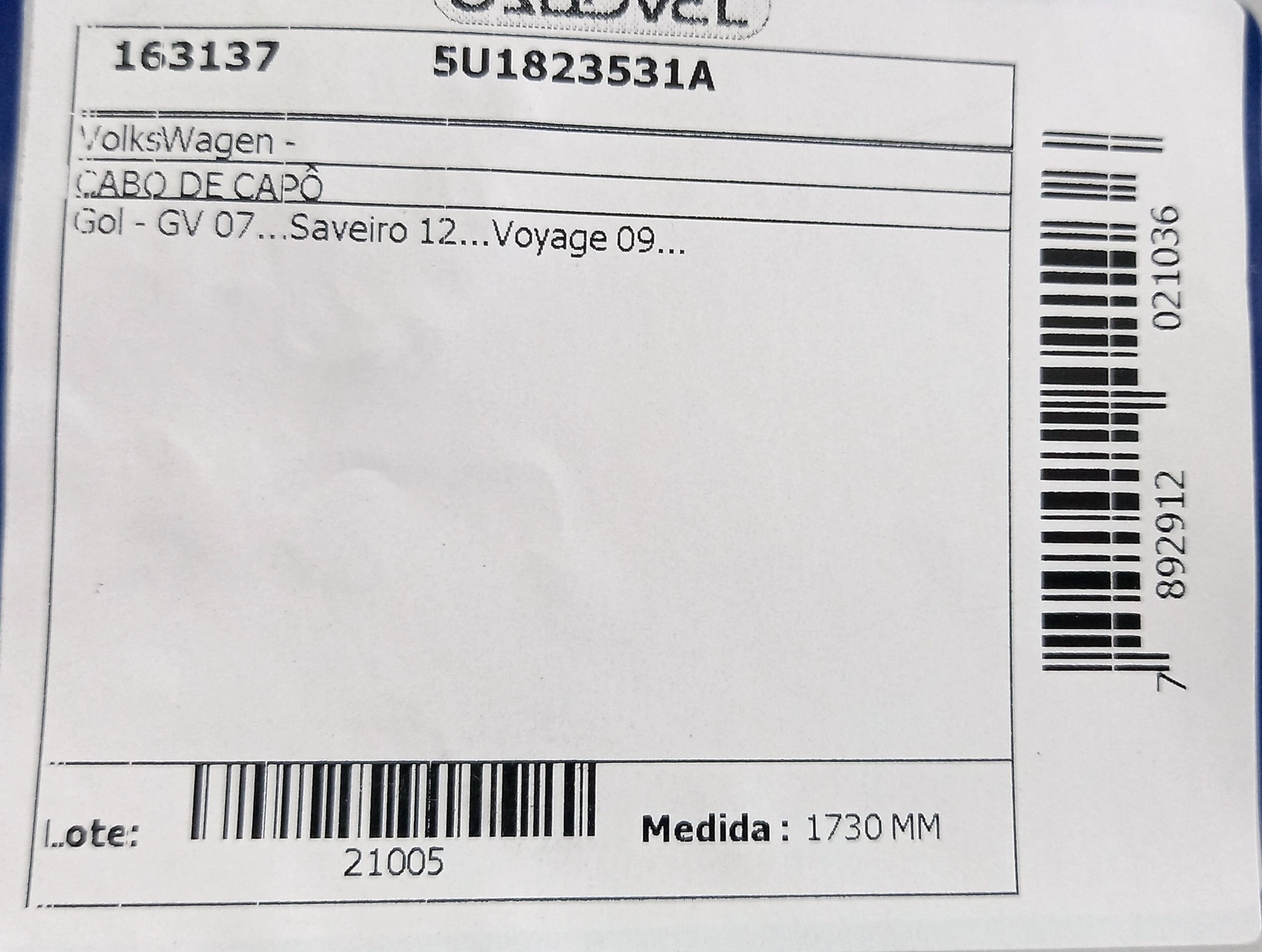 CABO DO CAPO SEM ALAVANCA VW NOVO GOL/VOYAGE 2008/ - NOVA SAVEIRO 2009/ - 1730MM