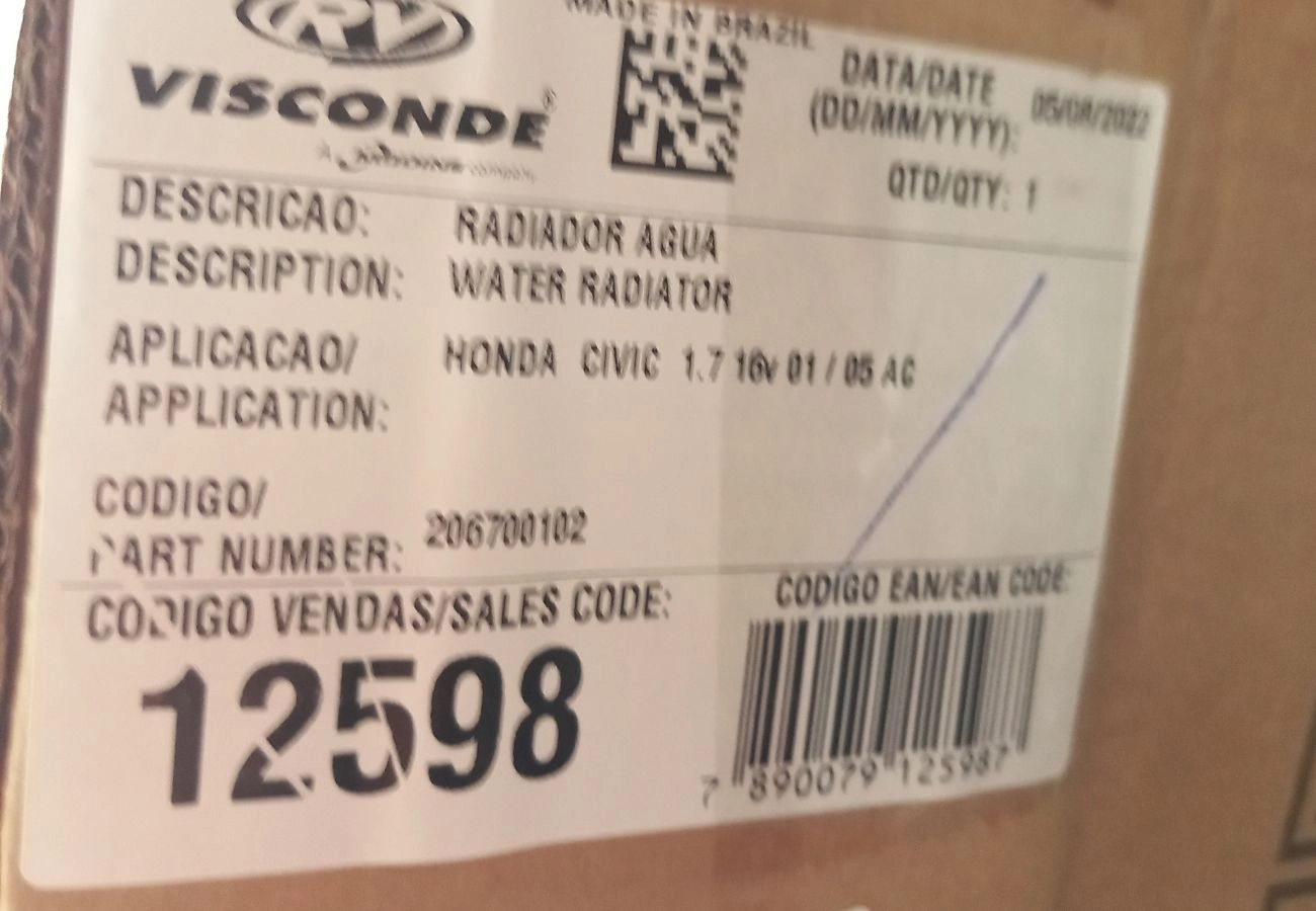 RADIADOR MOTOR BRASADO HONDA CIVIC 1.7 16V 2001/2005 - COM AR CONDICIONADO - AUTOMÁTICO/MANUAL