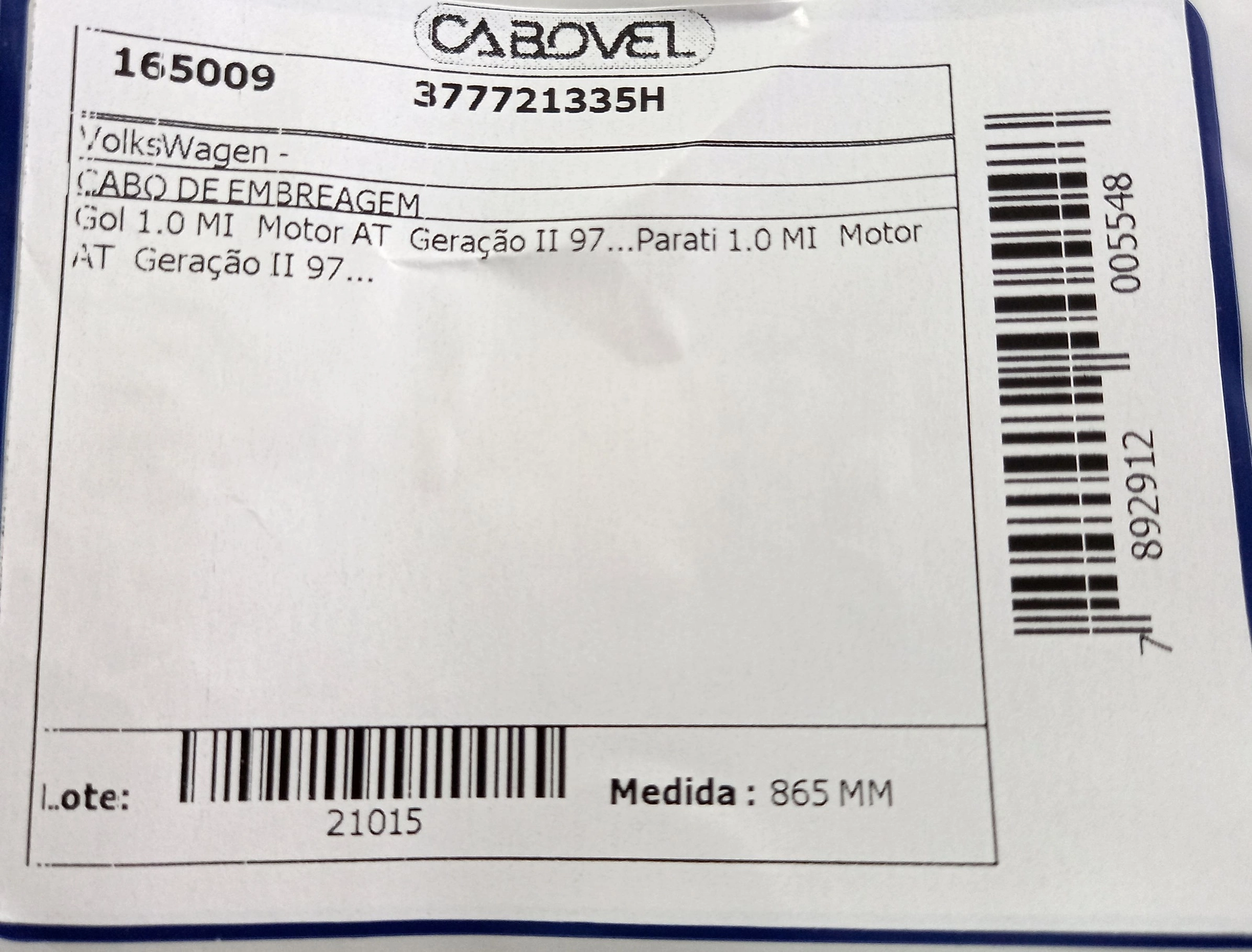 CABO EMBREAGEM 865MM VW GOL/PARATI 1.0 MI MOTOR AT 97/ 865