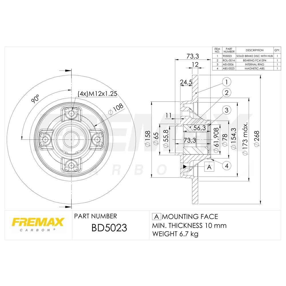 DISCO FREIO TRASEIRO COM ROLAMENTO SÓLIDO 268MM C4 PICASSO 09/15 DS3/DS4/DS5 11/15 308/3008