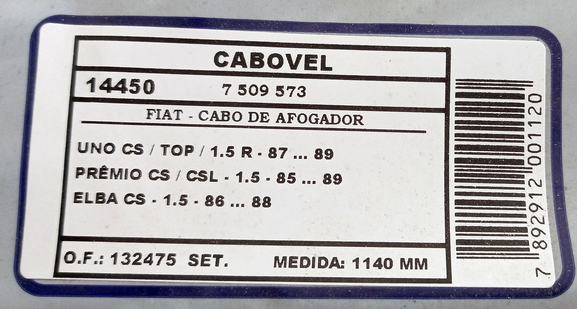 CABO AFOGADOR 1140MM FIAT UNO CS/TOP/1.5 R PREMIO CS/CSL ELBA 85/89