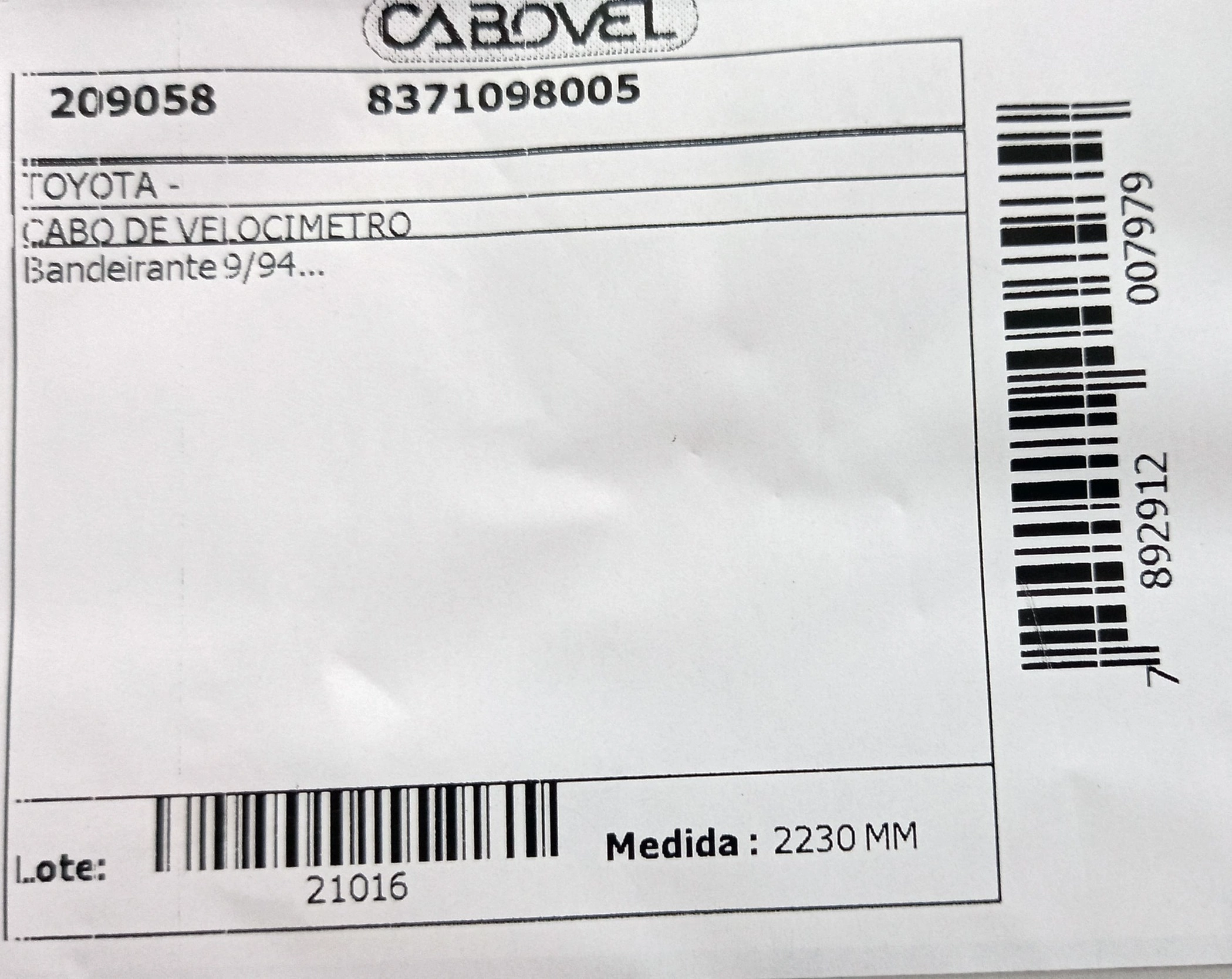 CABO DE VELOCÍMETRO TOYOTA BANDEIRANTE 09.1994/ - 2230MM