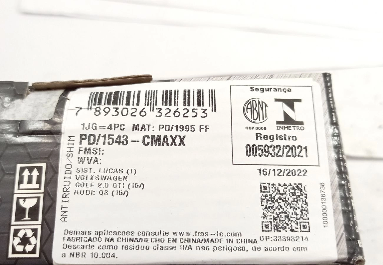 PASTILHA DE FREIO TRASEIRA AUDI A1 1.4/1.8 12/ - Q3 13/ - VW GOLF GTI 2.0 13/18