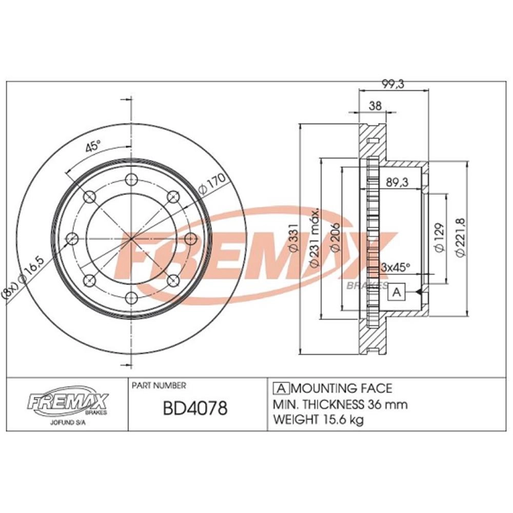 DISCO FREIO DIANTEIRO SEM CUBO VENTILADO 331MM FORD F-250/350 98/ F-4000 4X4 TURBO 2009/